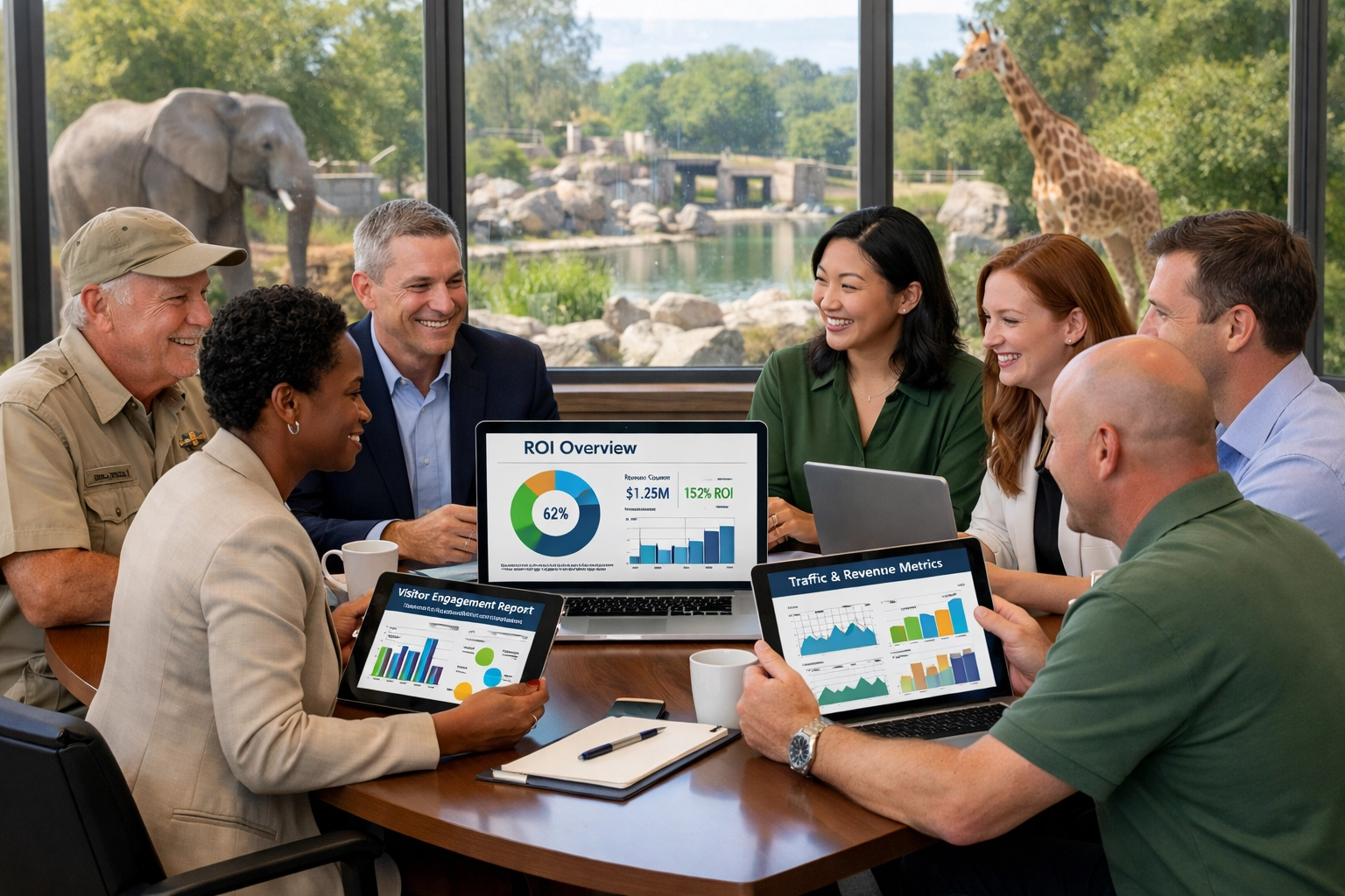 Zoo marketing team reviewing sponsorship analytics and ROI data on digital dashboards