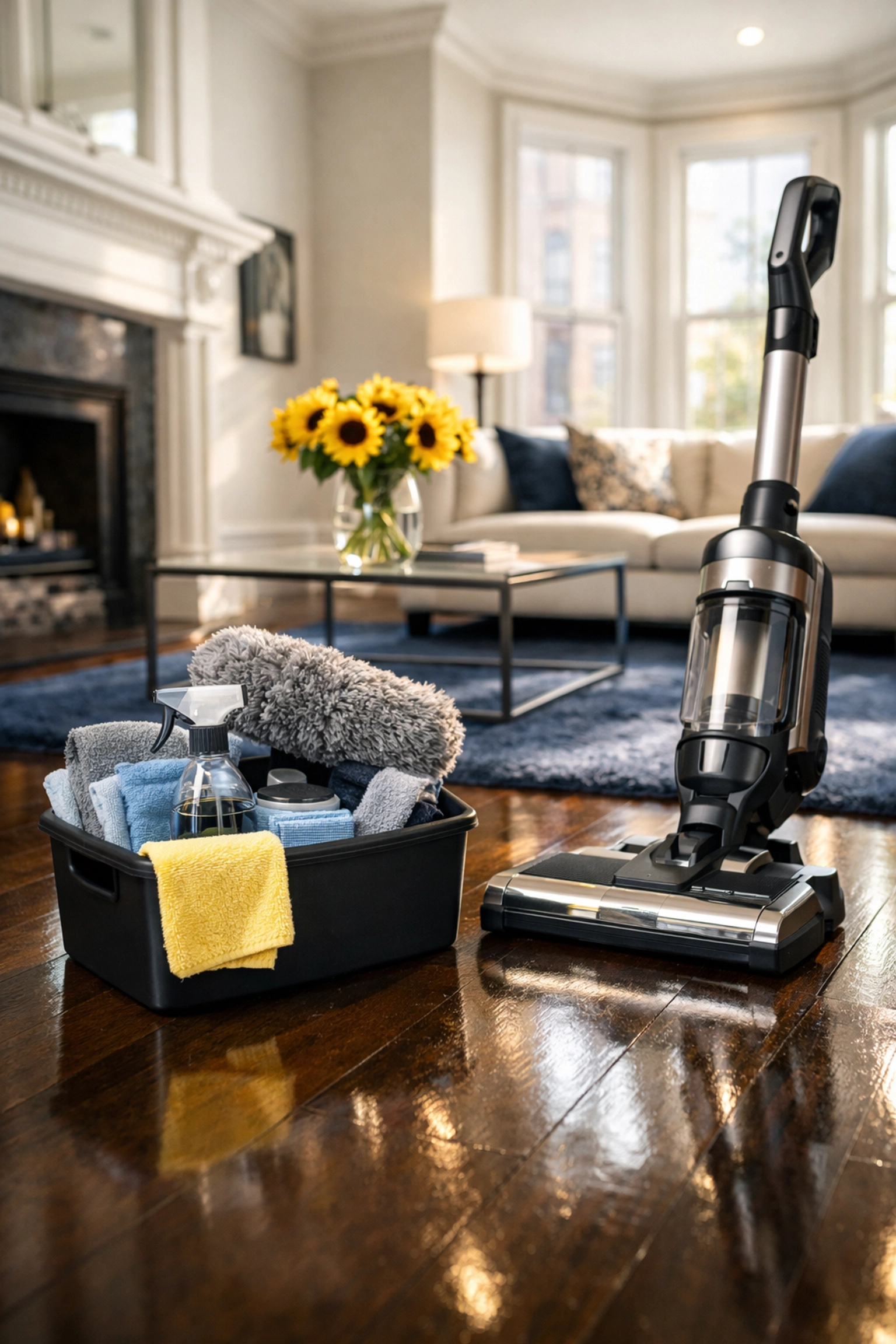 Spotless Boston brownstone living room showcasing professional cleaners Boston MA equipment on hardwood floors.