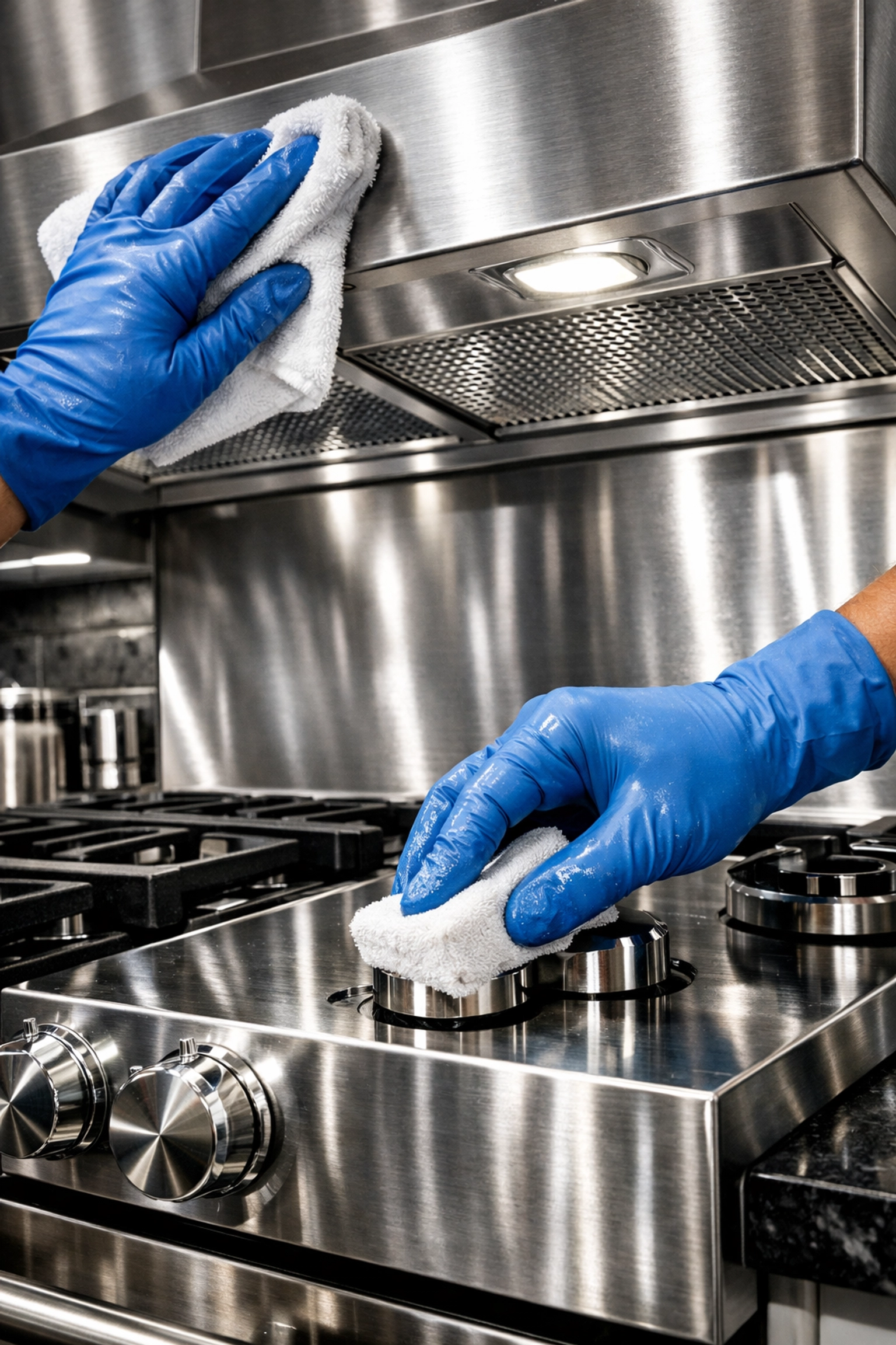 Professional cleaners Boston MA degreasing a stainless steel stovetop during a deep kitchen cleaning.
