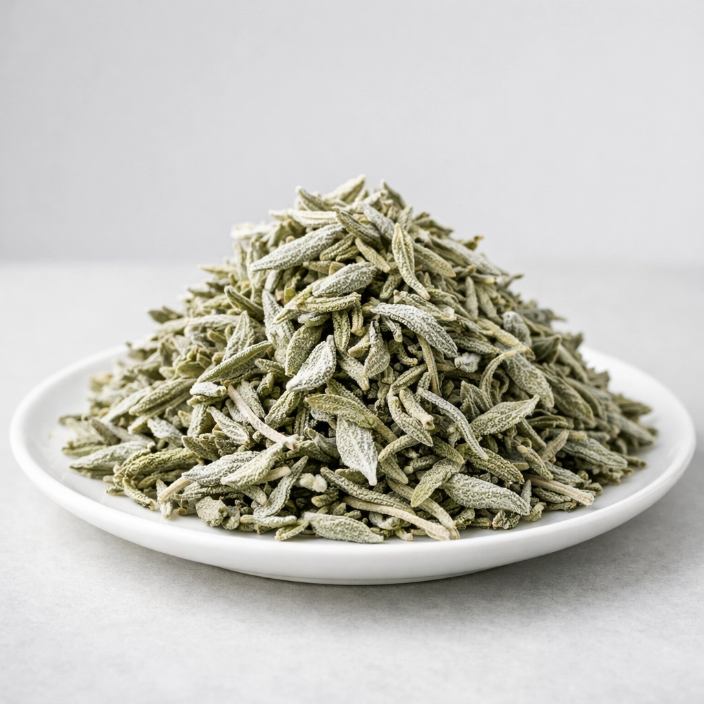 Premium dried Moroccan Salmya leaves on a white plate from Moroccan Goods Shop.