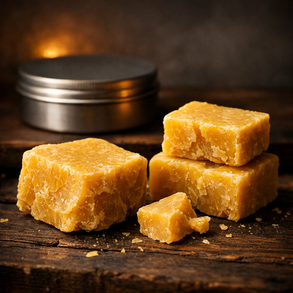 Raw natural beeswax and a premium grooming tin showing the foundation of strong beard hold.