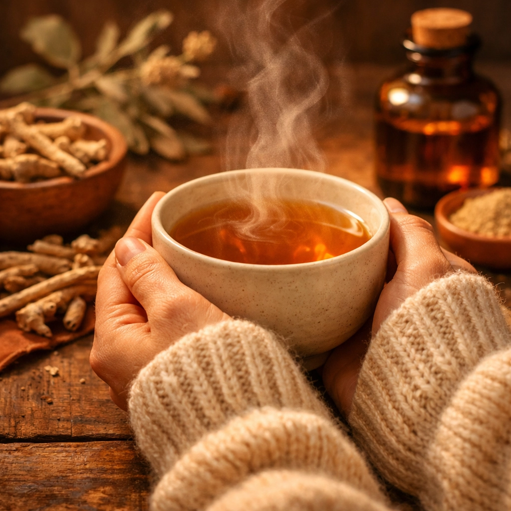 Steaming herbal tea and ashwagandha root used for natural stress support and thyroid health.
