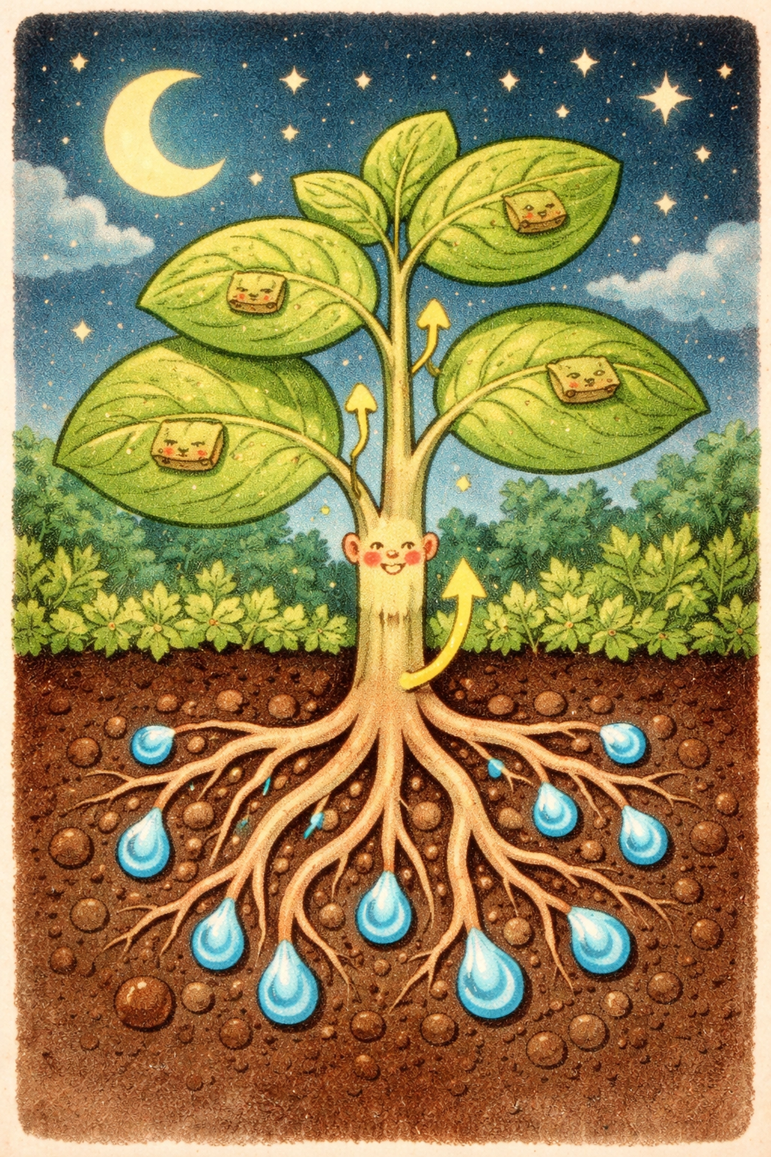 1950s-style illustration of a plant at night showing closed stomata and roots absorbing water, explaining nighttime guttation