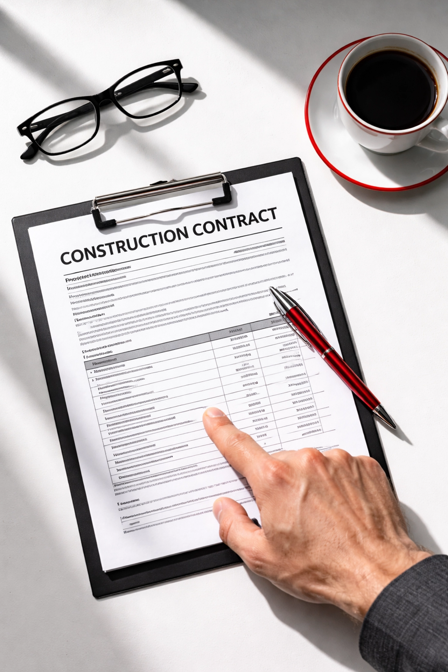 Homeowner reviews detailed siding contract with pen and reading glasses on white desk