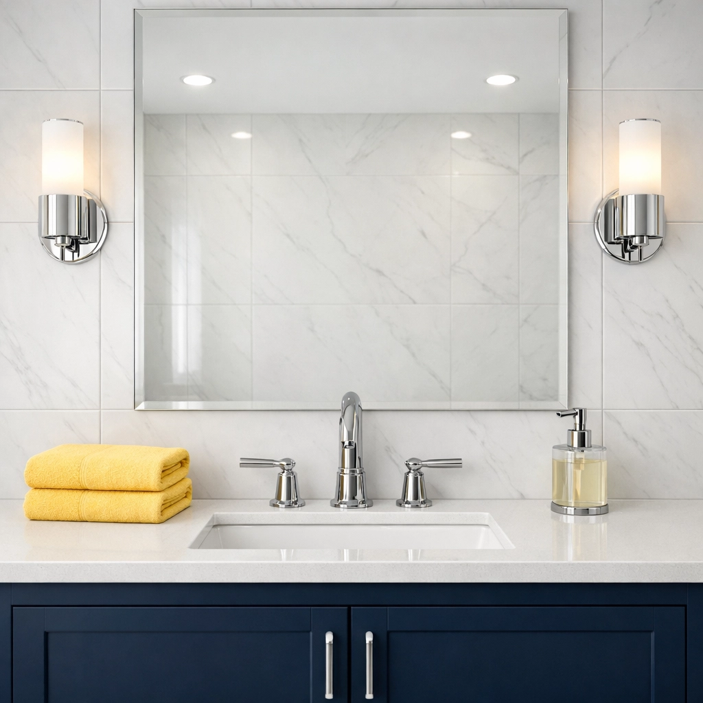 A modern marble bathroom sanitized and polished by professional house cleaning experts in Stow MA.