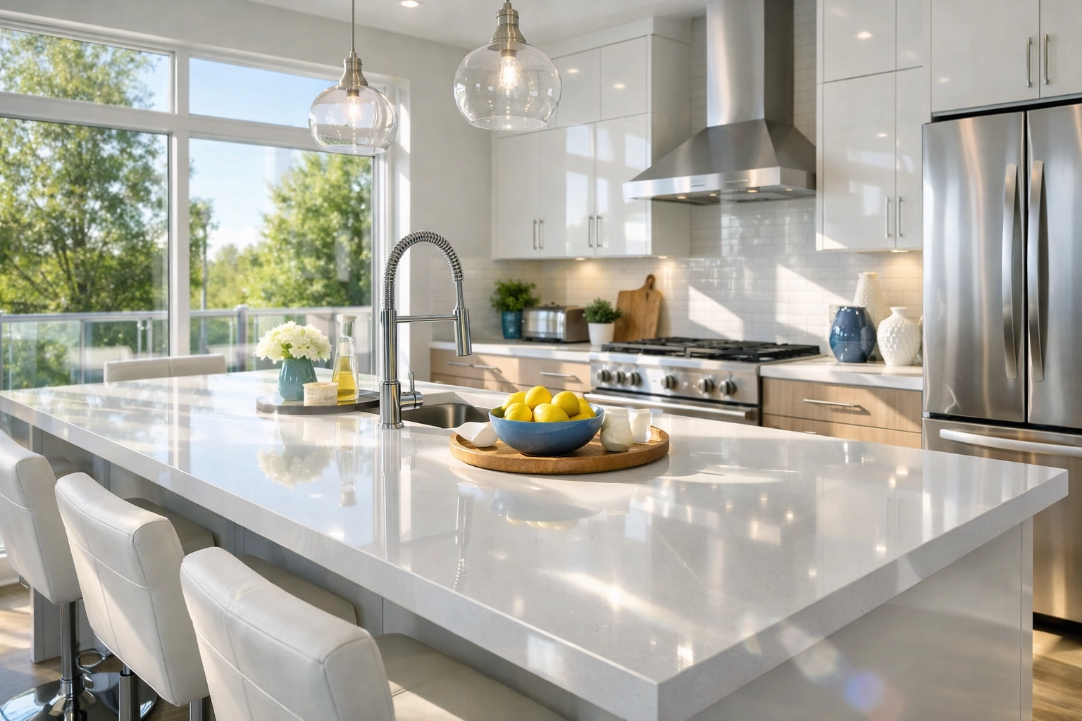 Sparkling white kitchen island reflecting sunlight after a deep professional cleaning service visit.