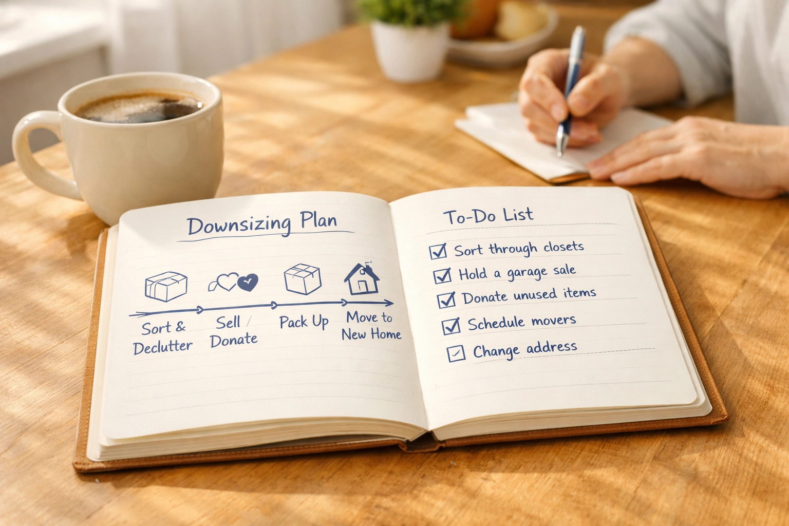 Downsizing plan checklist and timeline on kitchen table for organized home transition