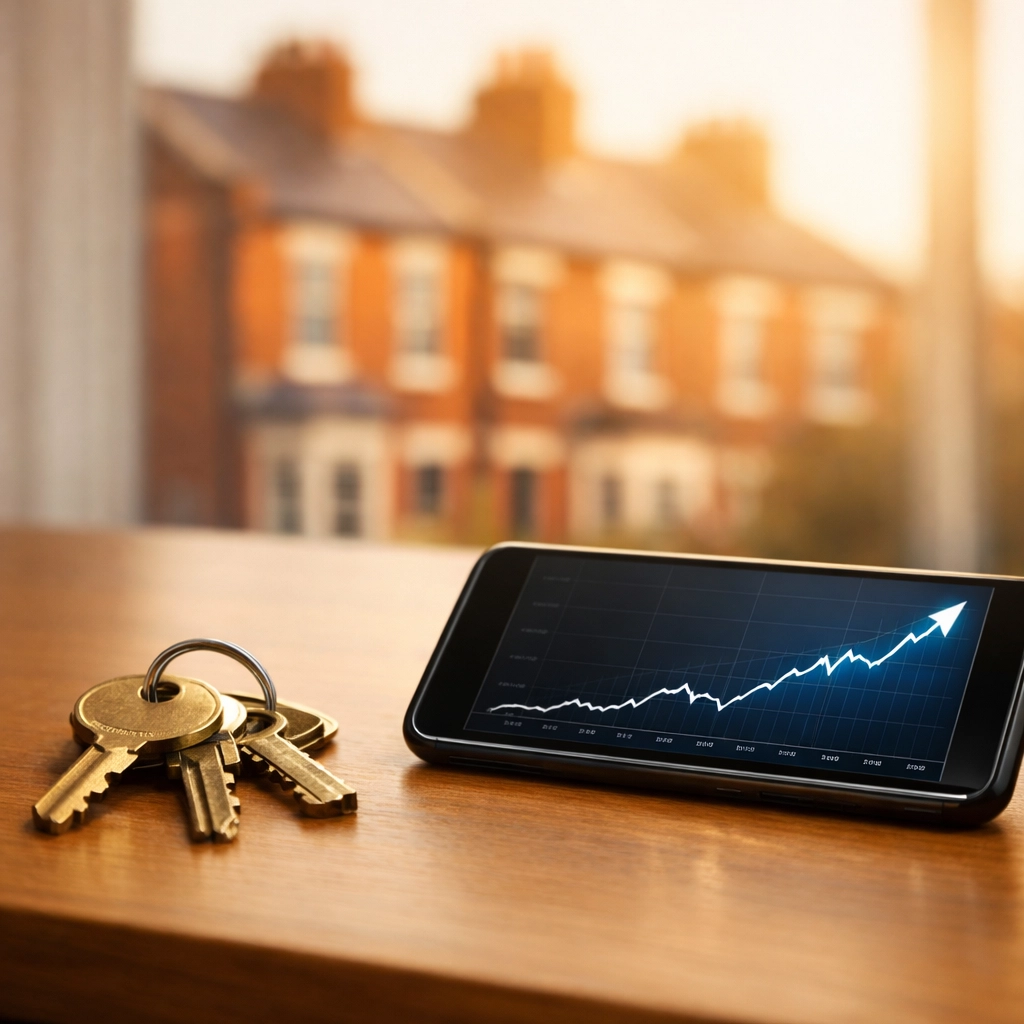 House keys near a phone showing rising interest rate graphs for buy to let mortgages.