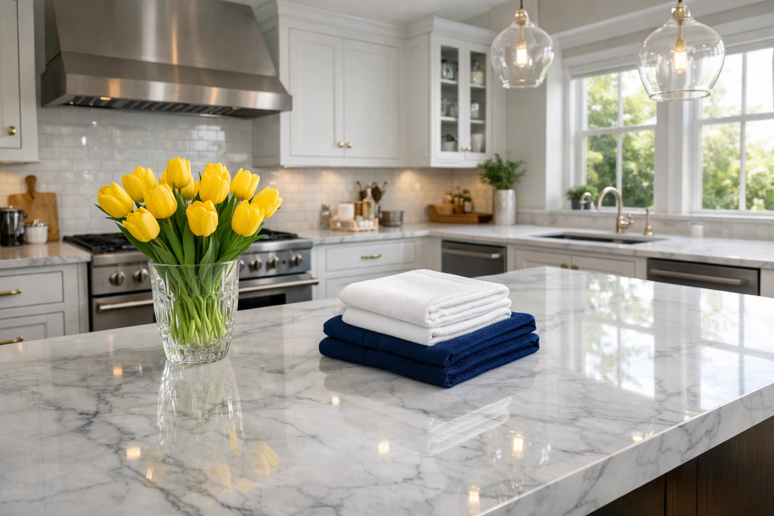 Polished marble kitchen island in a Harvard MA home following a professional bi-weekly house cleaning.