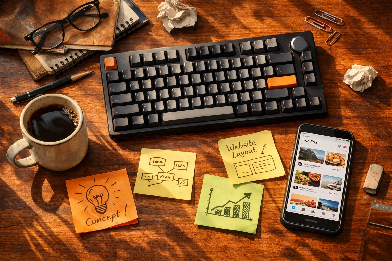 Real human workspace with handwritten notes and coffee, highlighting authentic experience in content creation.