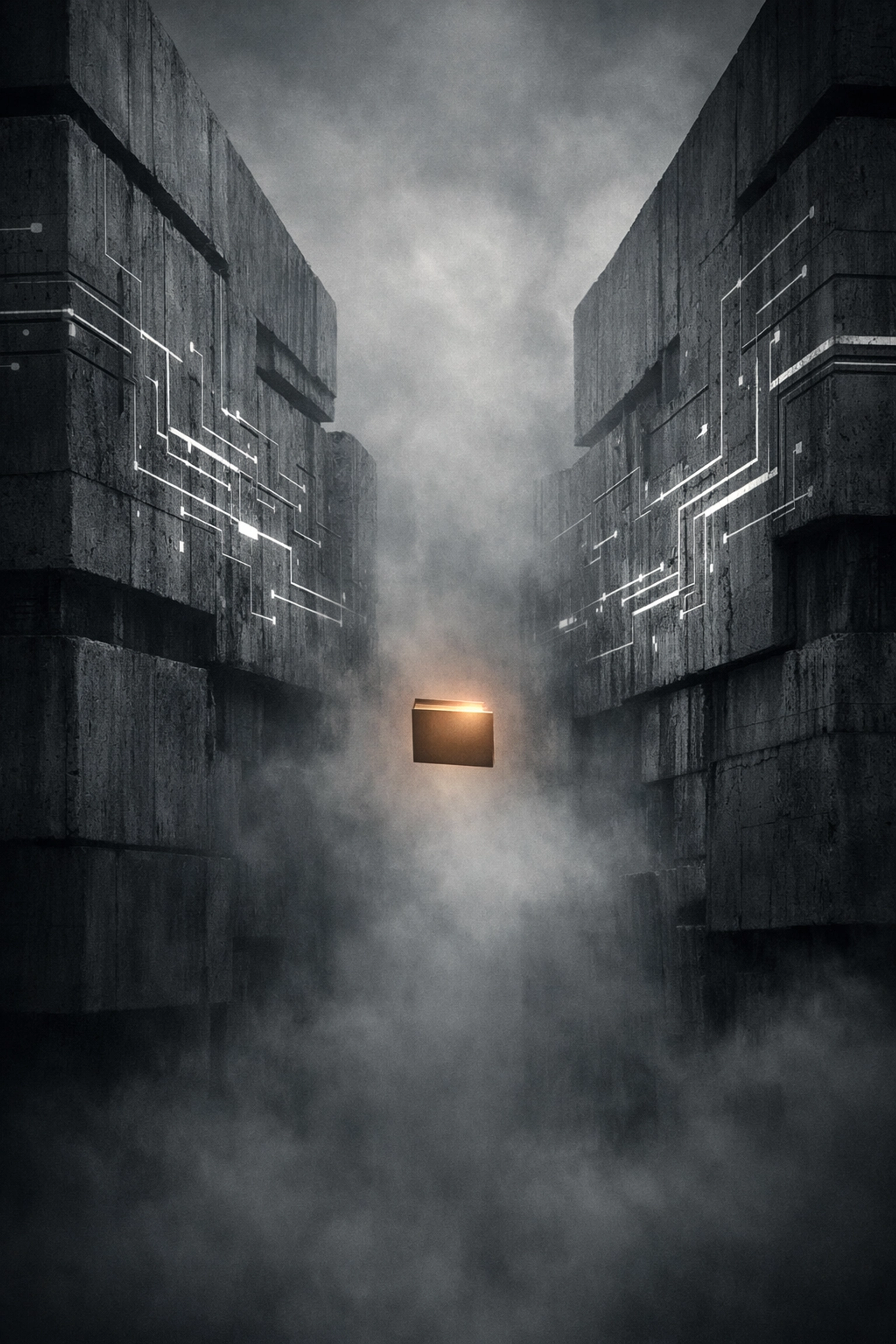 A patient file caught between massive digital structures, representing fragmented and complex healthcare IT point solutions.