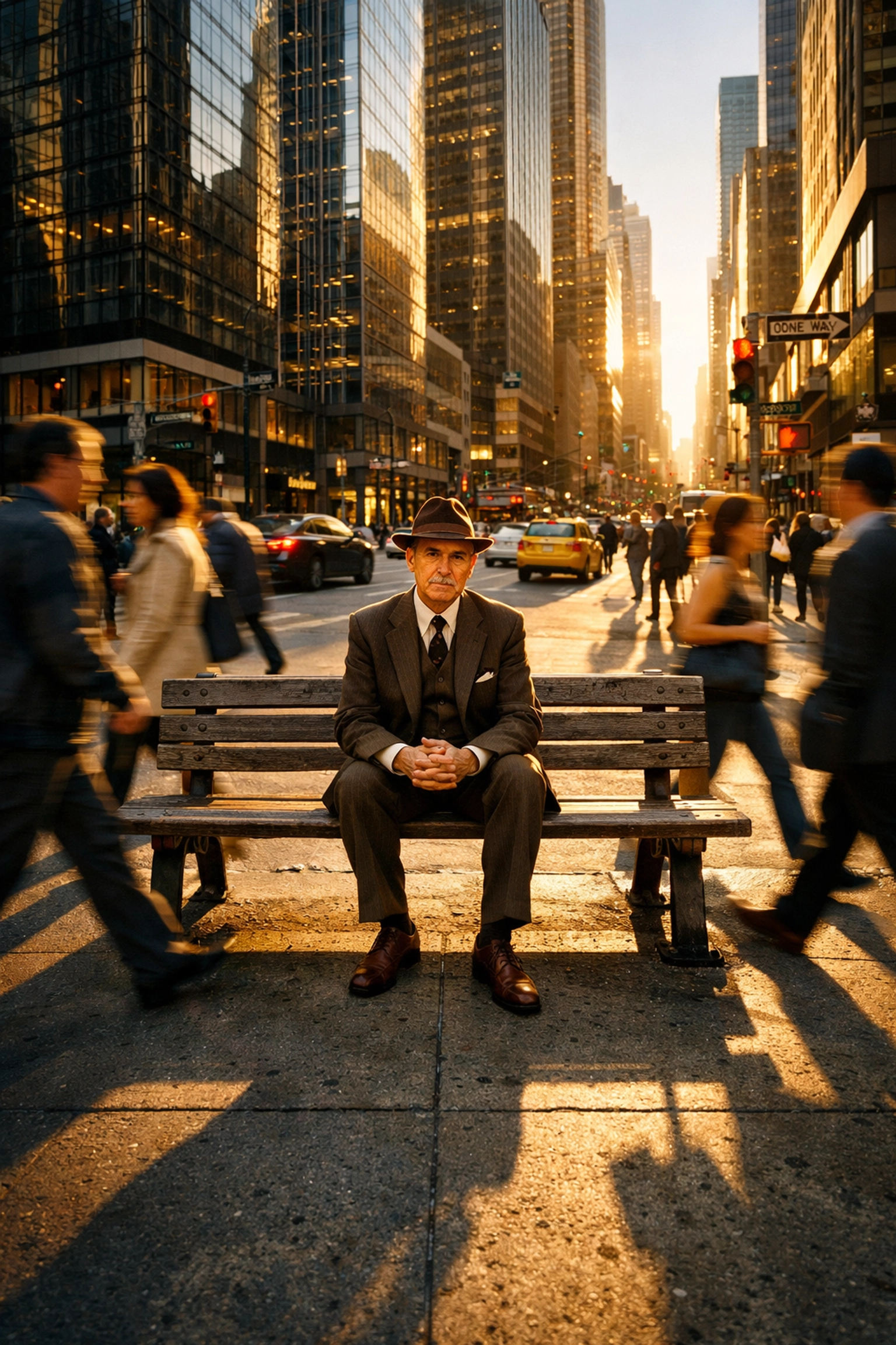 A street photography scene capturing a man on a city bench with blurred commuters at golden hour.