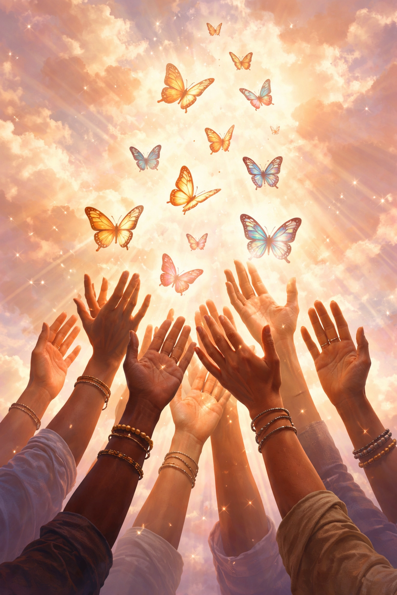 Hands releasing butterflies into a glowing sky, representing transformation and renewal through blessed hope.