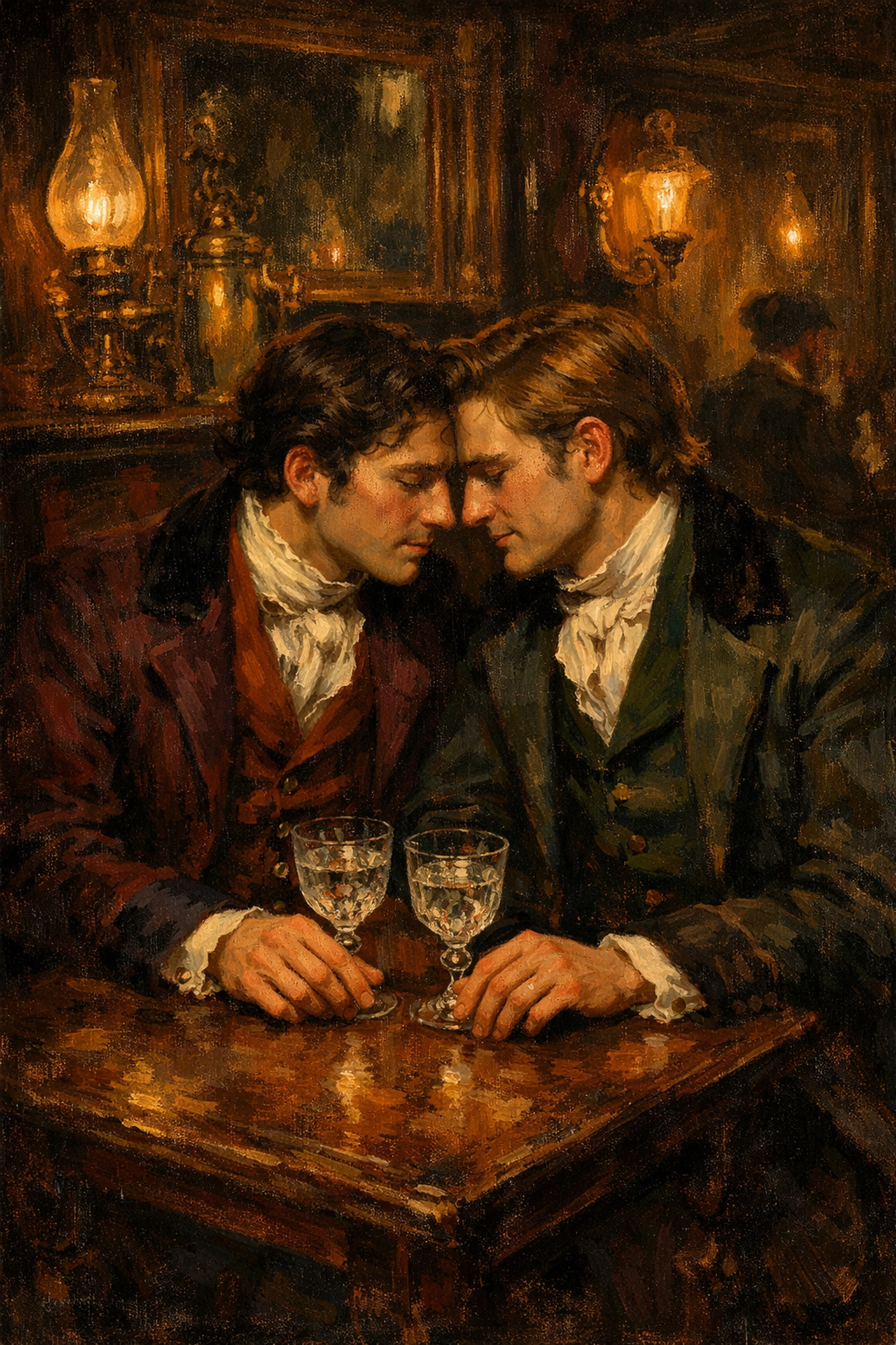 Two Victorian gay men sharing intimate moment over gin in London molly house tavern