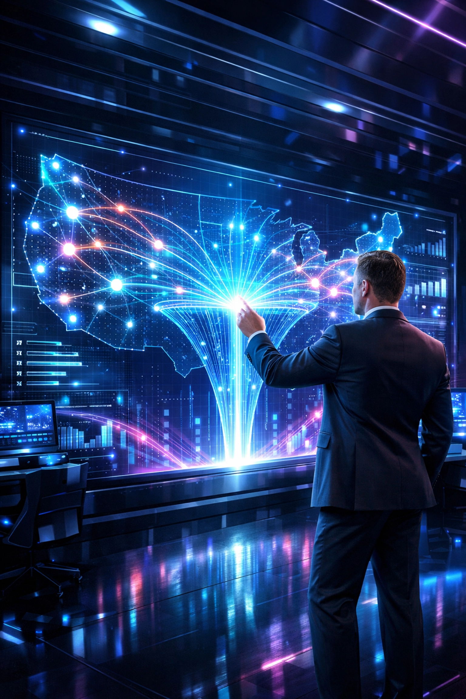 Executive visualizing a high school talent funnel for Fortune 5000 recruitment using high-tech data.