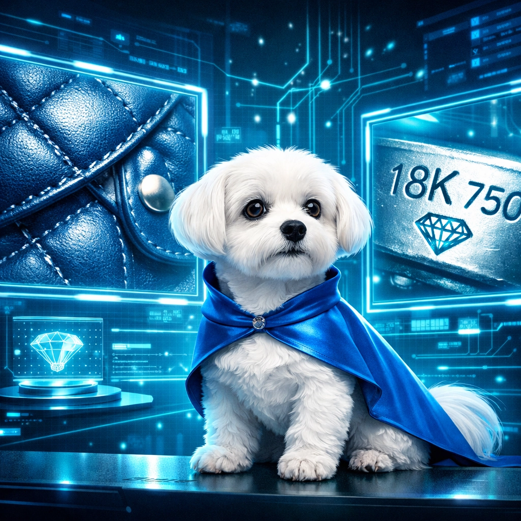 Daisy analyzing digital hallmarks and handbag stitching for high-tech authentication.