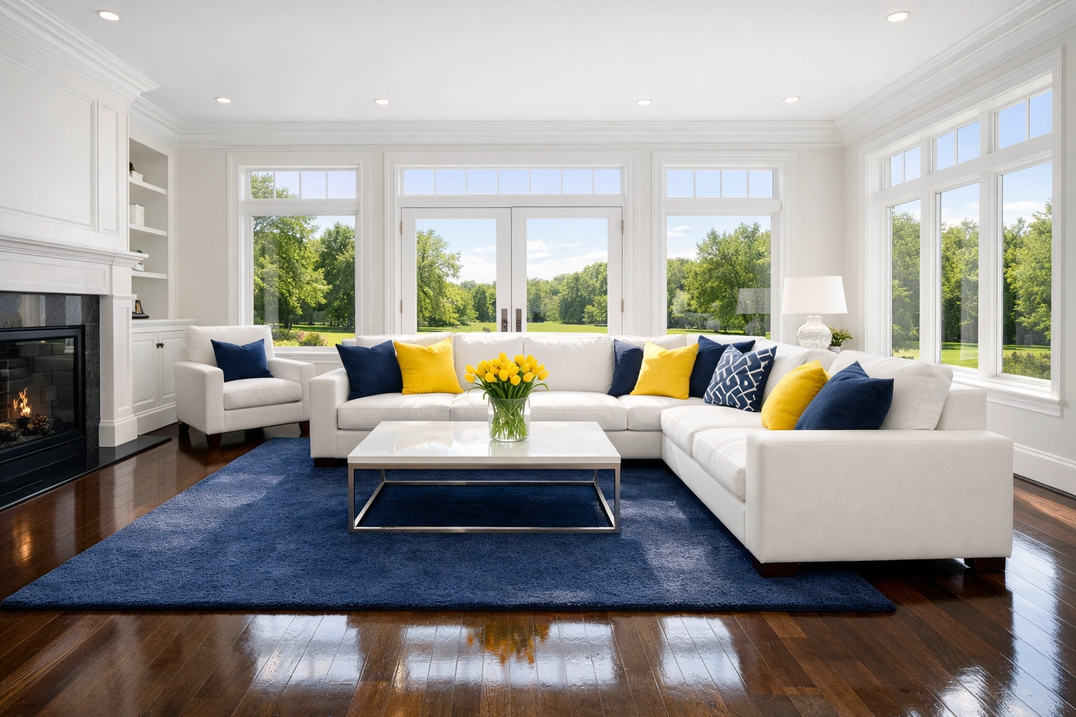 Pristine living room in Pepperell MA showing the results of professional house cleaning on hardwood floors.