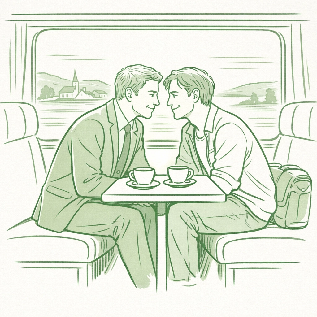 Two men flirting over coffee in train dining car - gay romance on the rails