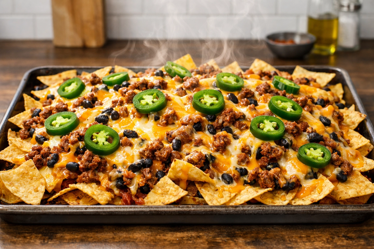 Cheesy sheet pan nachos with beef and beans, perfect easy family meals for busy weeknights.