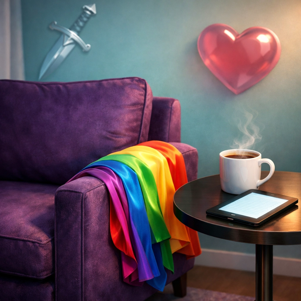 A stylish reading nook with a rainbow flag and e-reader showing the best MM romance books 2026.