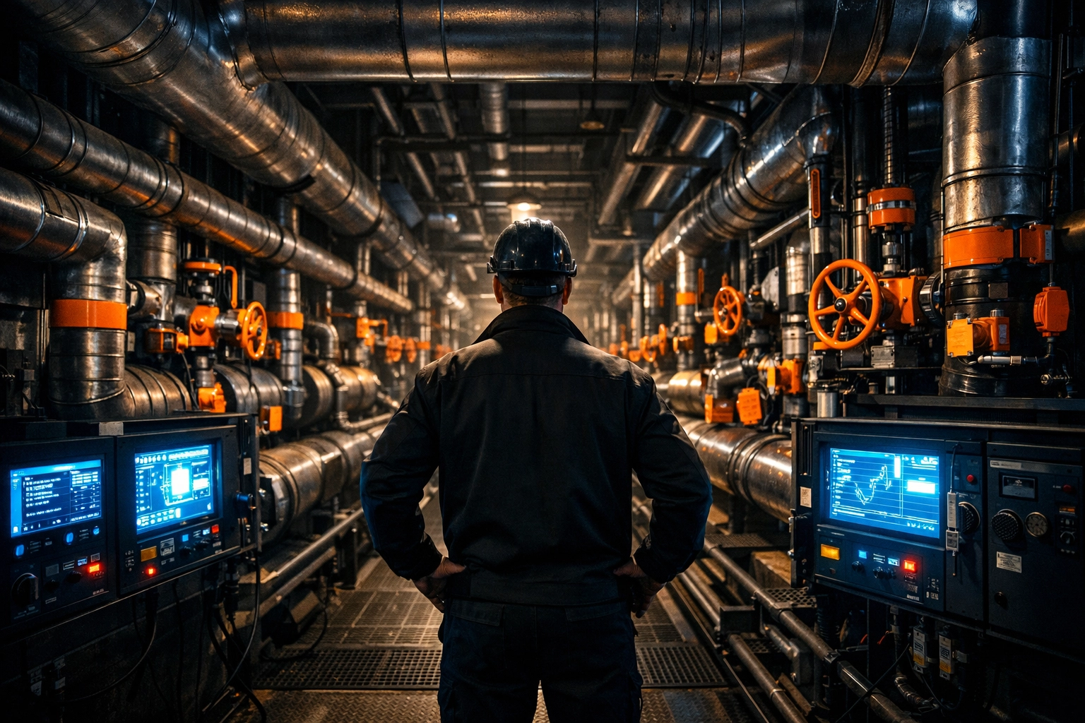 Strategic trade leadership for HVAC business growth inside a large commercial mechanical room.