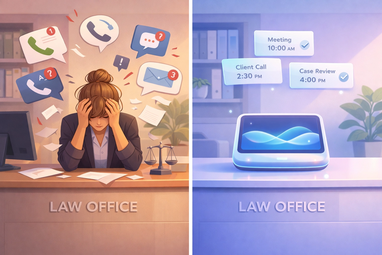 Stressed law firm receptionist vs calm AI receptionist handling calls professionally