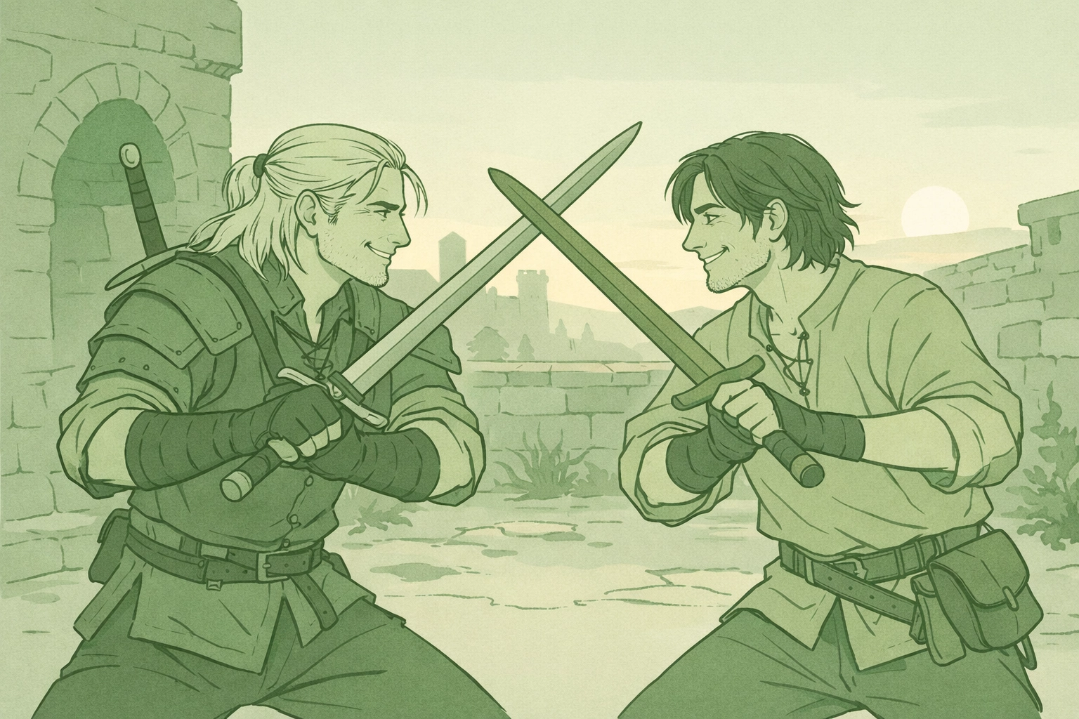 Witcher and lover train together showing partnership in gay fantasy romance