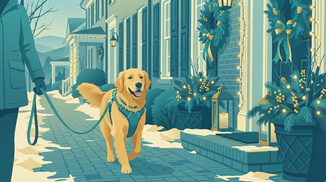 Happy dog being walked outside during Christmas time.