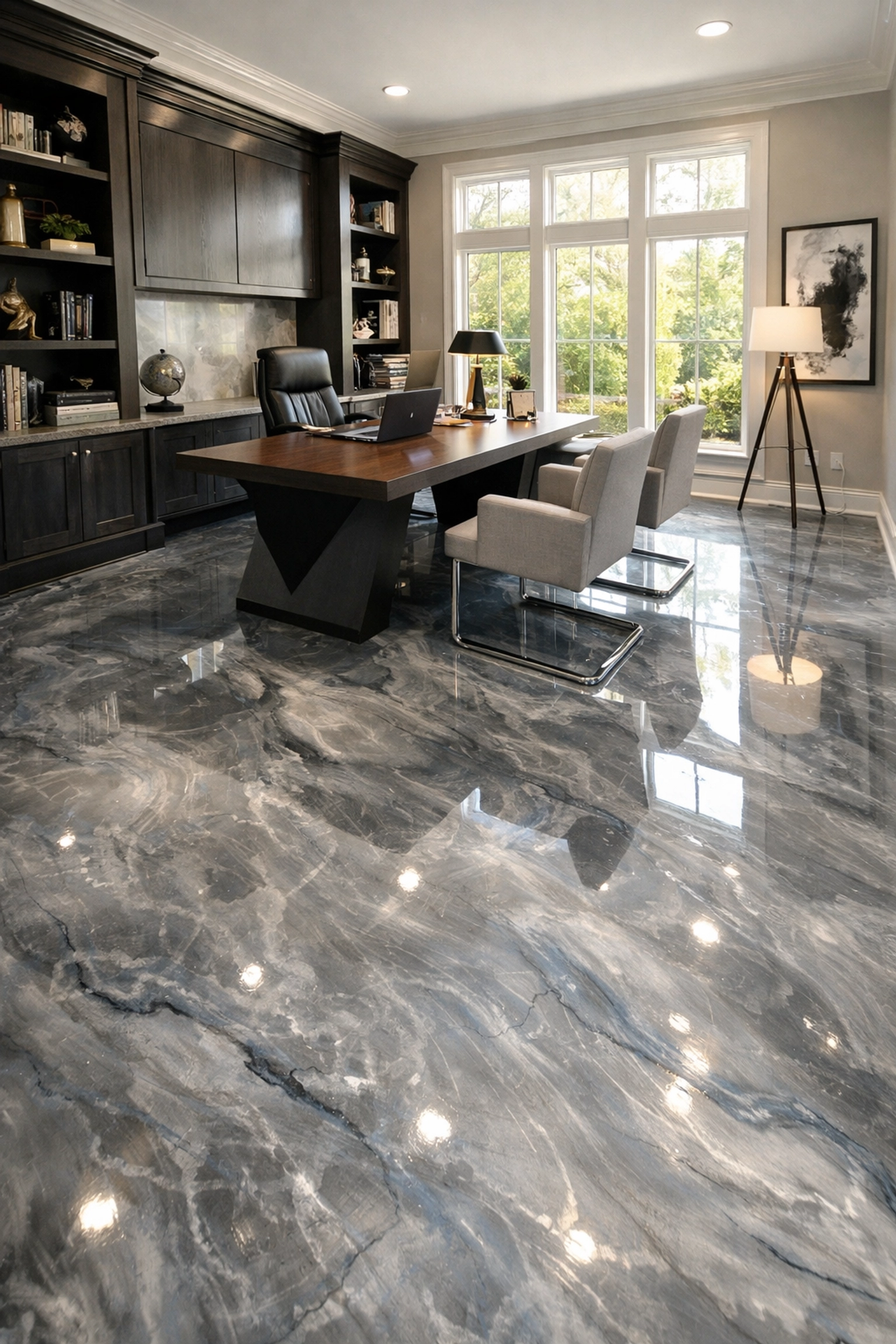 Modern Ridgeland home office featuring metallic epoxy floor with reflective finish