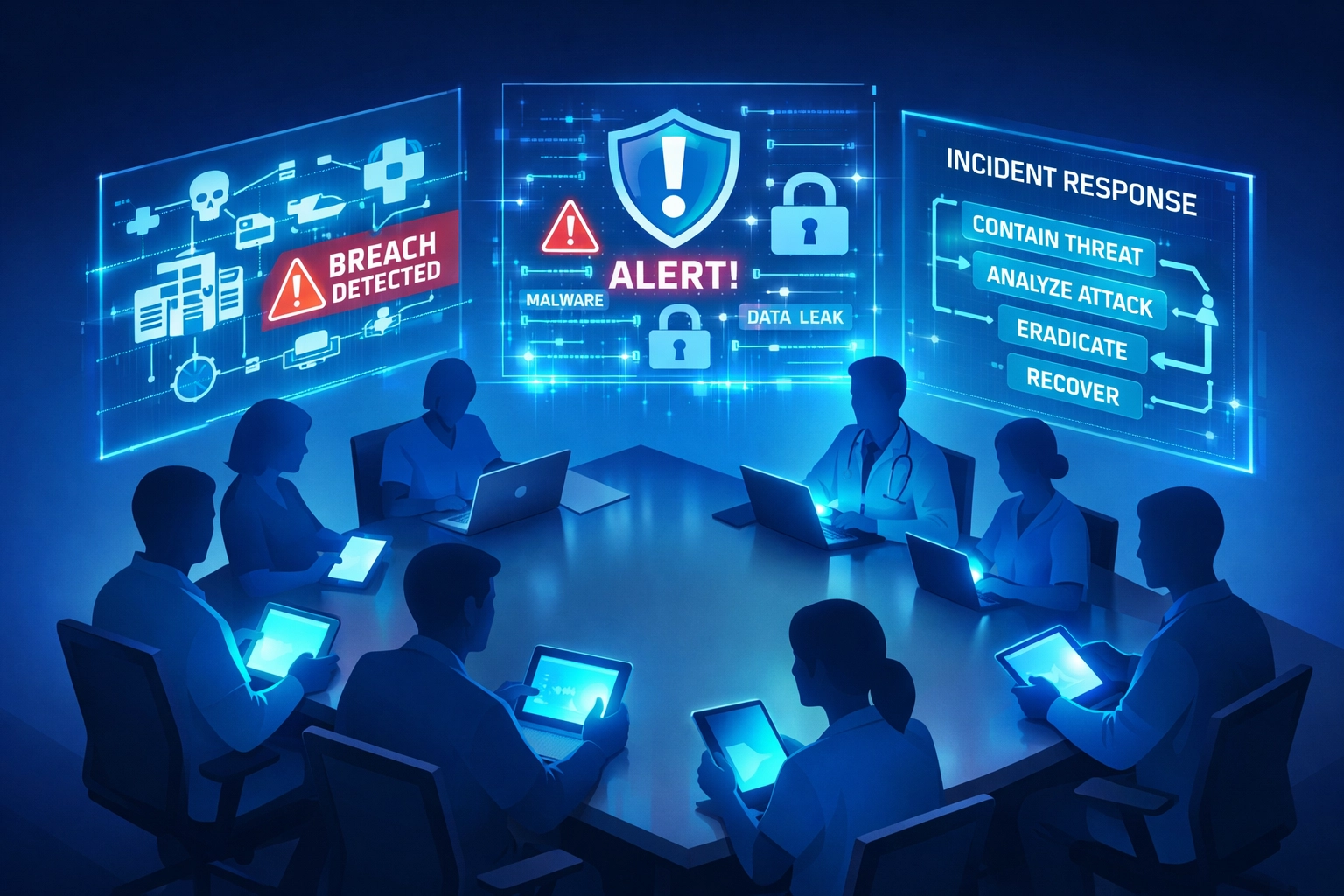 Healthcare team conducting tabletop breach simulation exercise