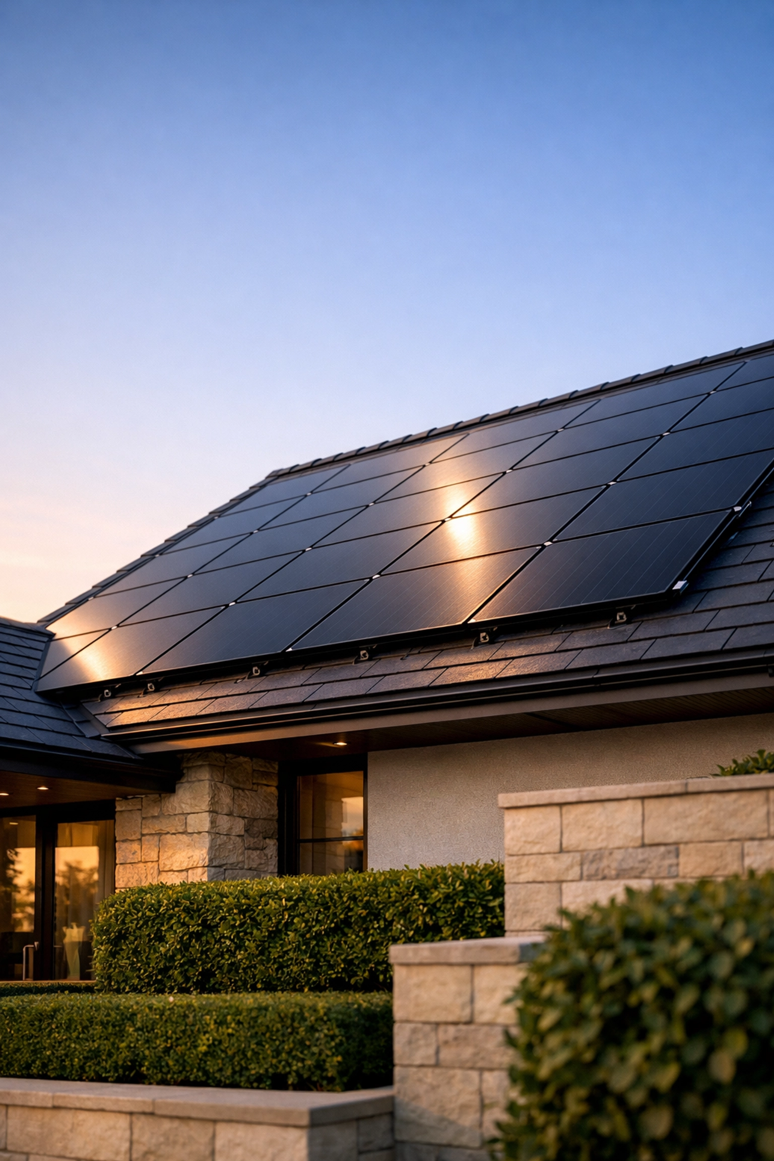 All-black solar panels installed on a modern slate roof to provide sustainable energy for home EV charging.