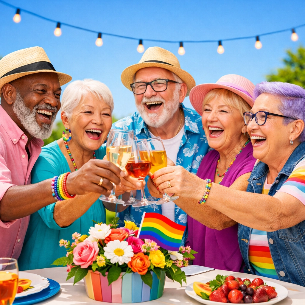 A diverse group of LGBTQ+ seniors enjoys a joyful garden party, celebrating queer community in their silver years.