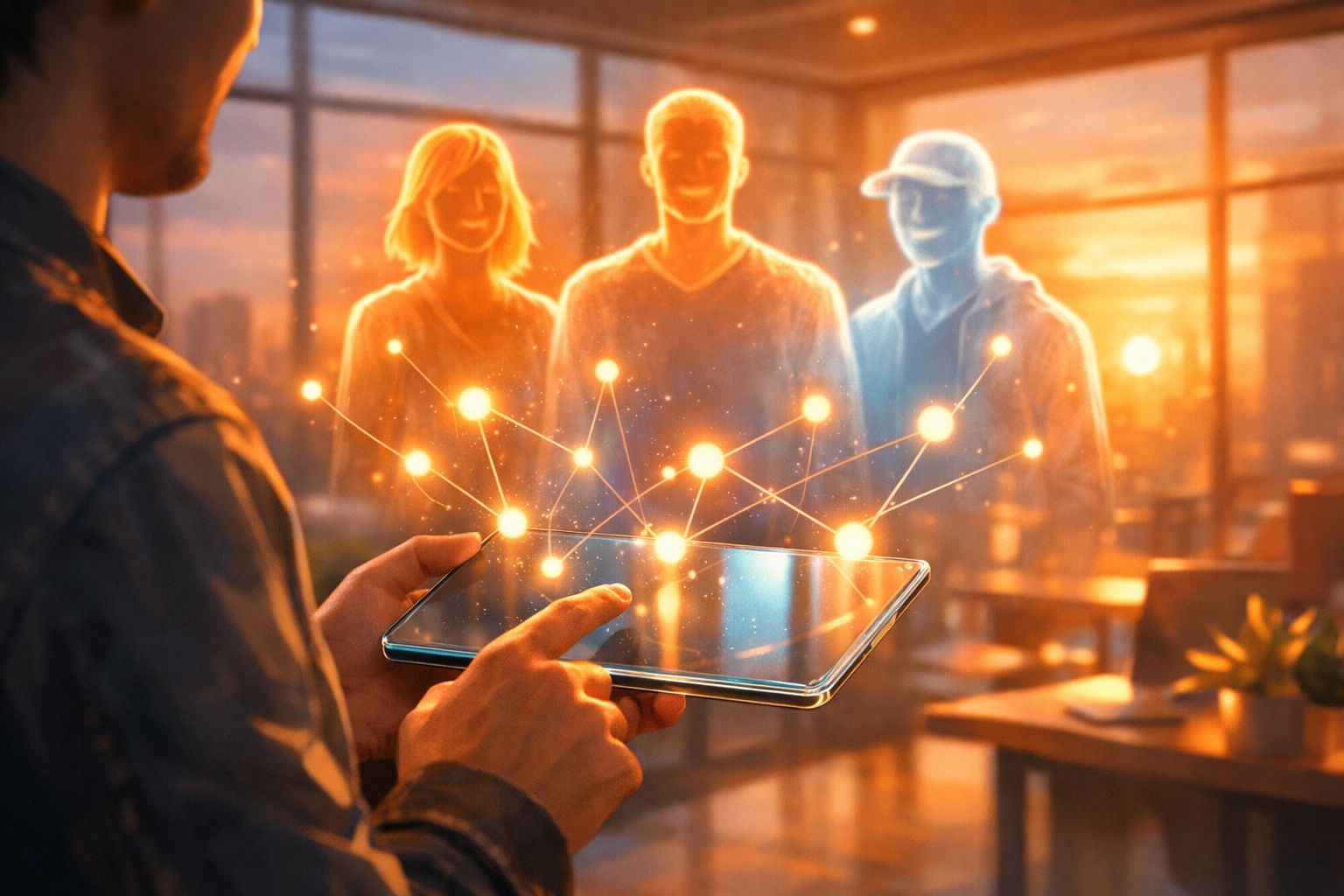 A user using a mobile wallet with holographic guardians representing social recovery and account abstraction.