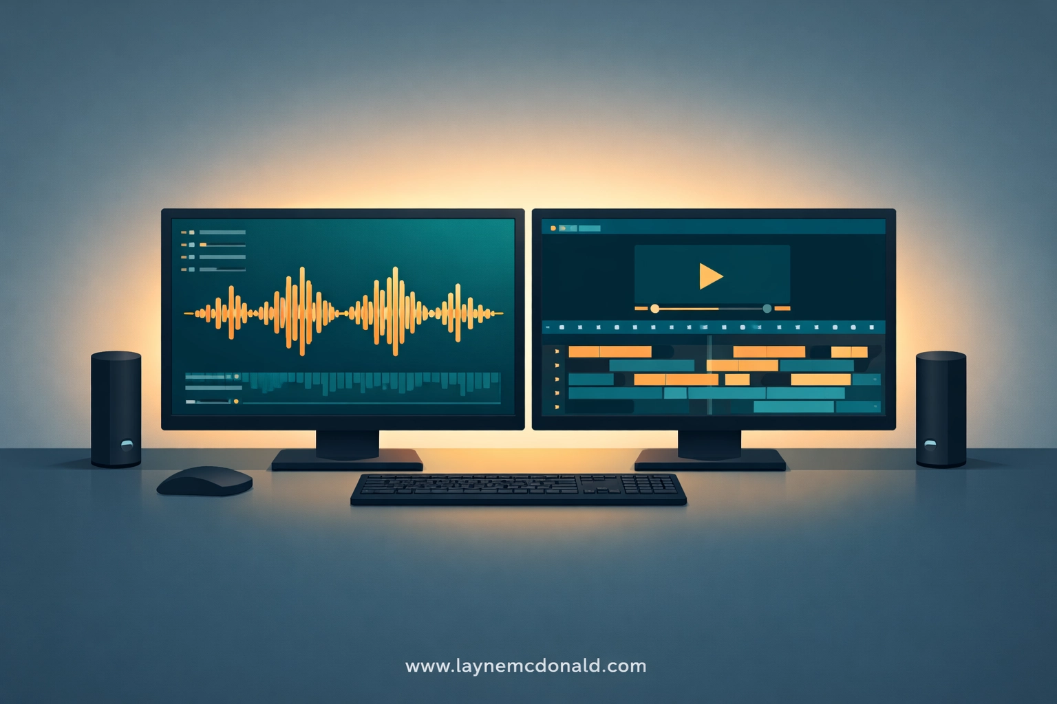 A professional media production workstation with video timelines and a soft spiritual light.
