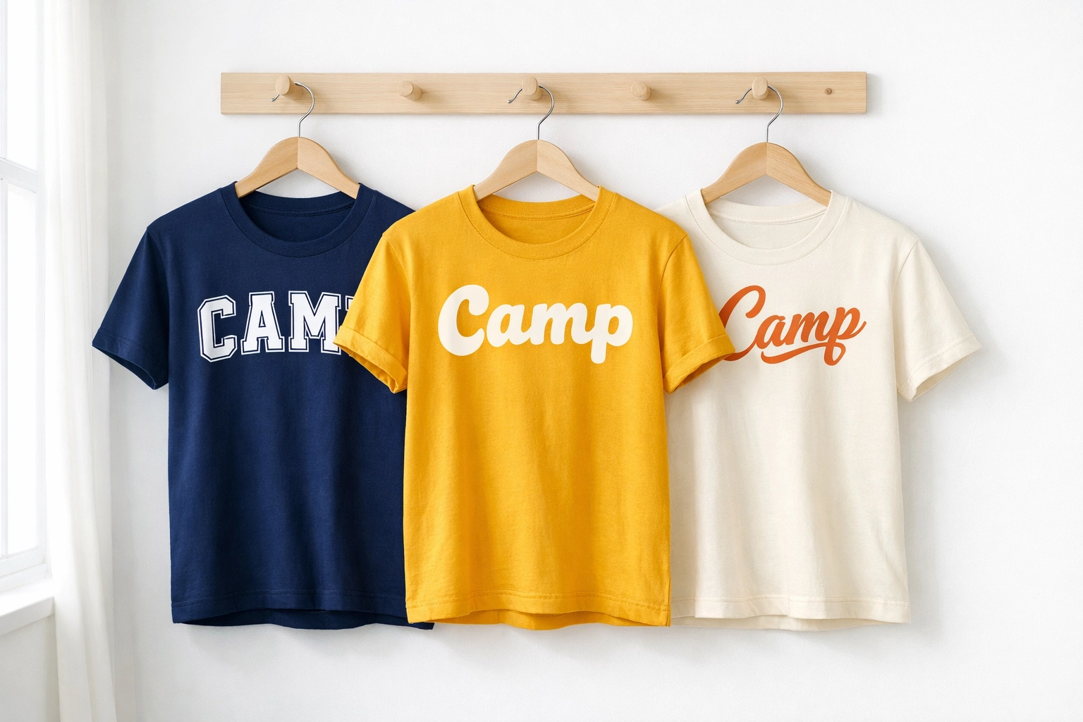 Camp staff shirts displaying three different typography styles for custom printing