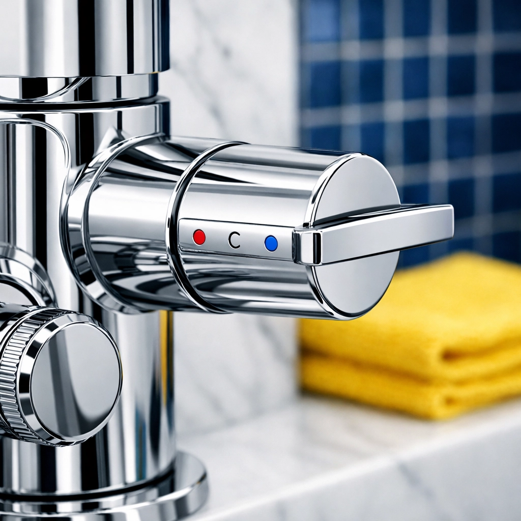 Detailed close-up of a spotless chrome bathroom fixture on white marble showing professional quality.