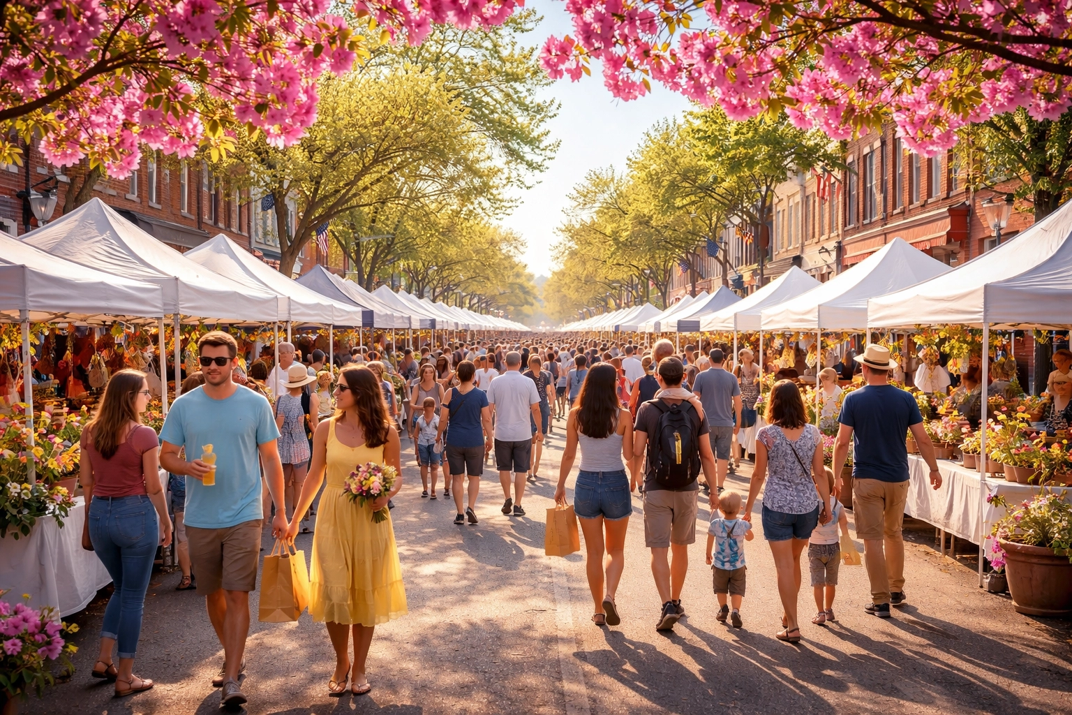 Crowds enjoy Flowertown Festival on Summerville Main Street, surrounded by azaleas and vendor tents.