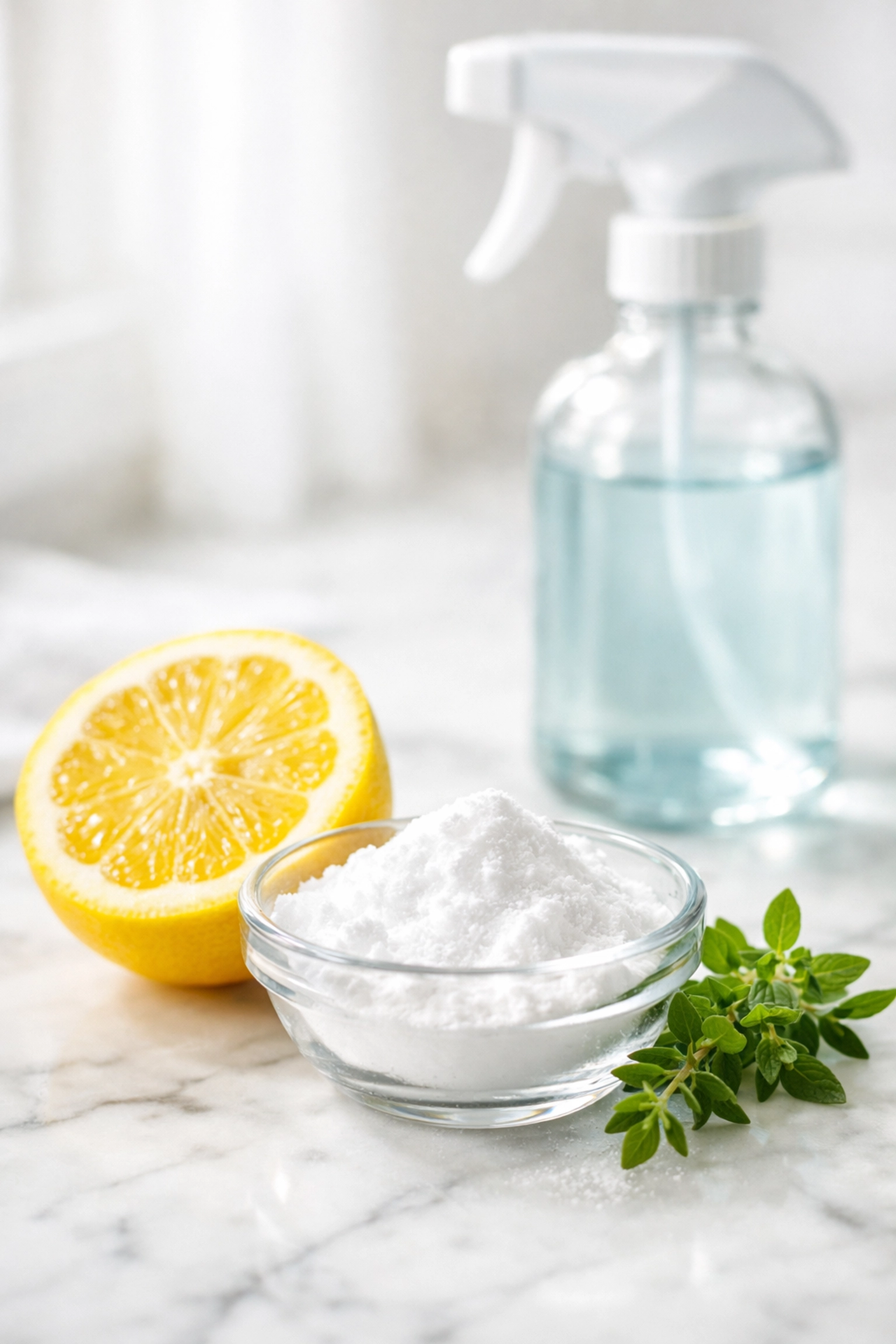 Natural cleaning ingredients like lemon and baking soda used for safe eco-friendly house cleaning.