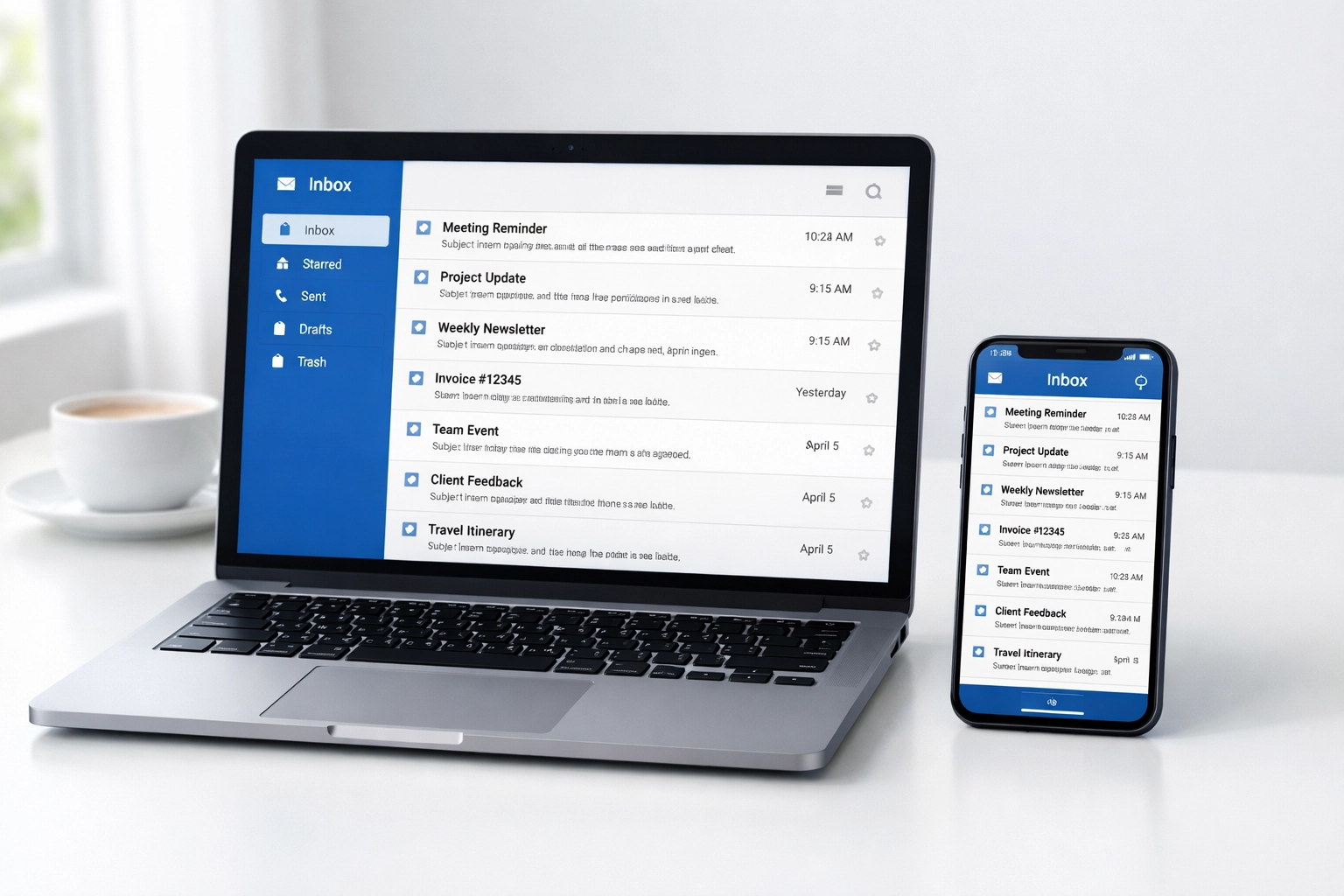 Laptop and smartphone displaying synchronized IMAP email inboxes side by side on desk