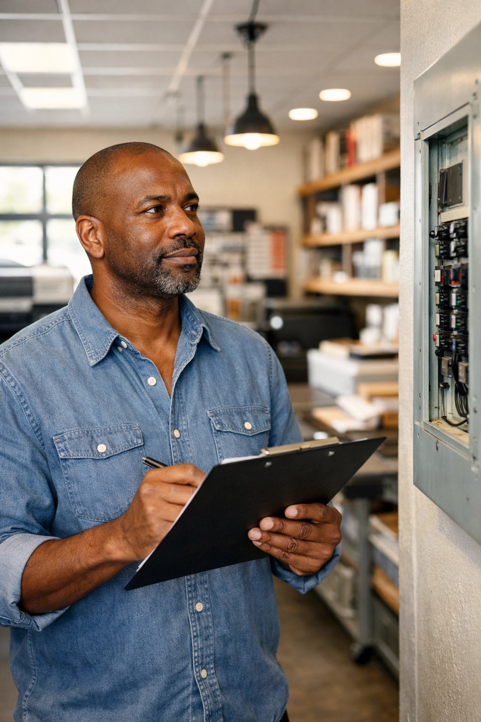 Small business owner inspecting electrical panel during routine commercial maintenance check
