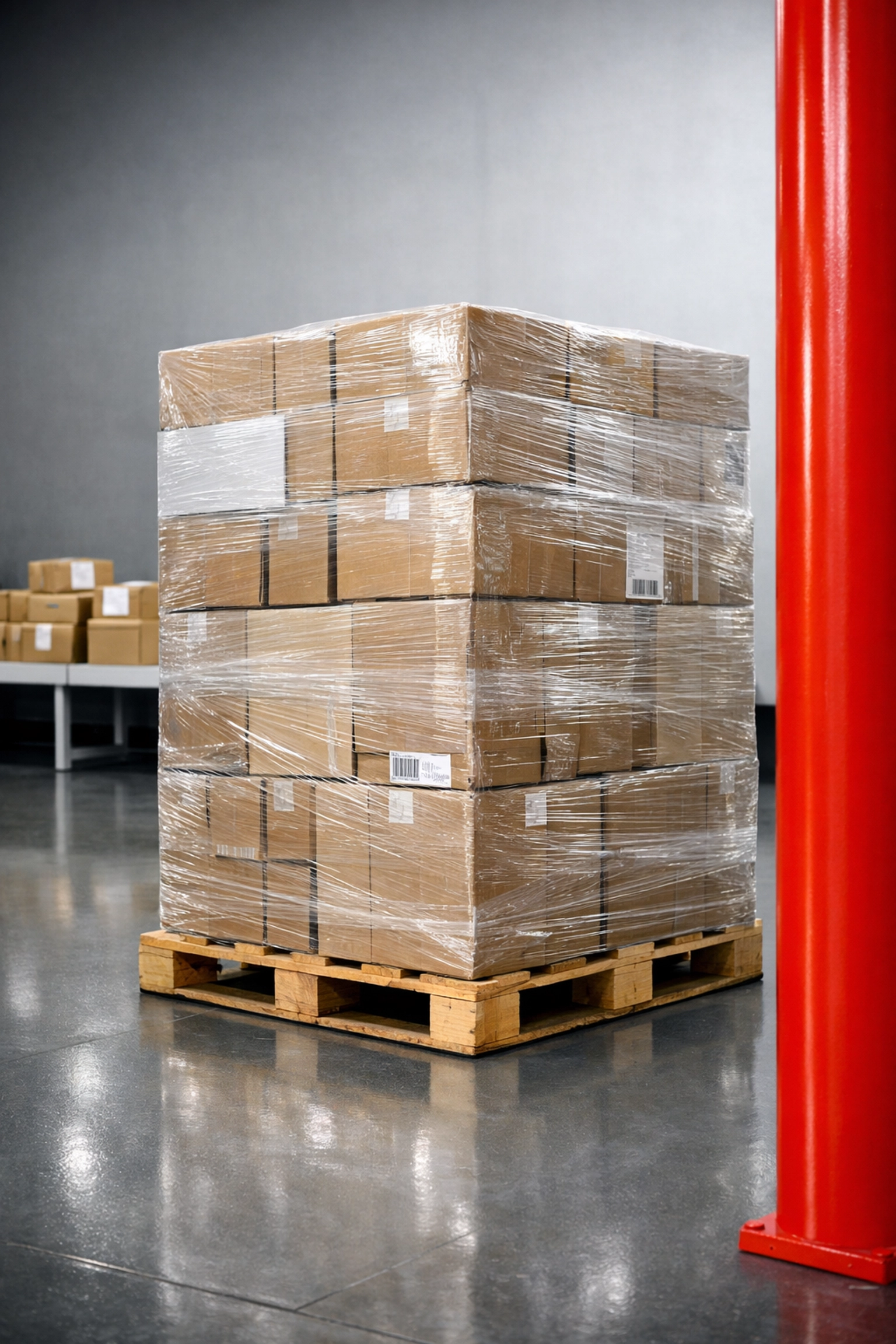 Wrapped pallets ready for shipping at a professional warehouse and fulfilment center.