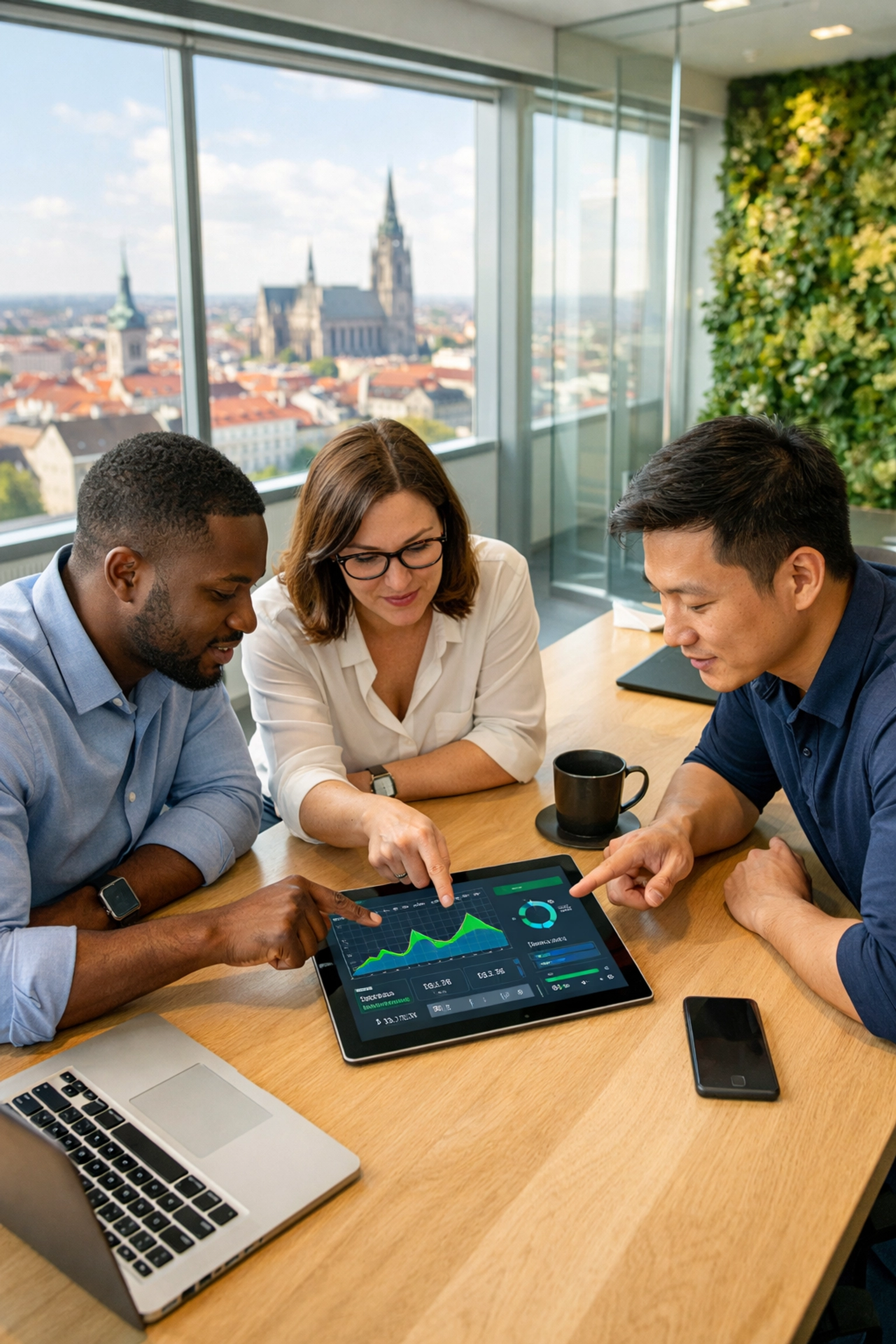 IT professionals reviewing ServiceNow ESG and compliance dashboards in a sunlit office.