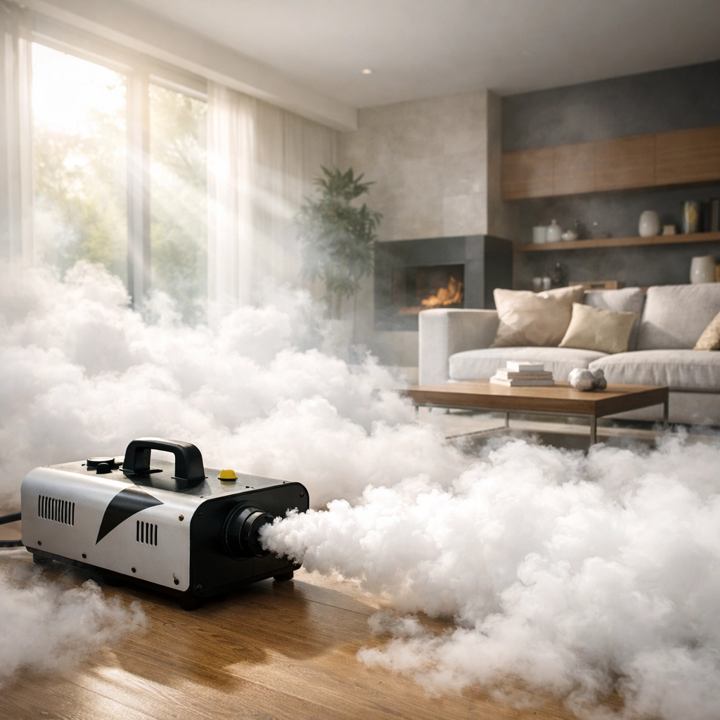 Thermal fogging machine releasing mist to remove smoke odors in a restored living room.