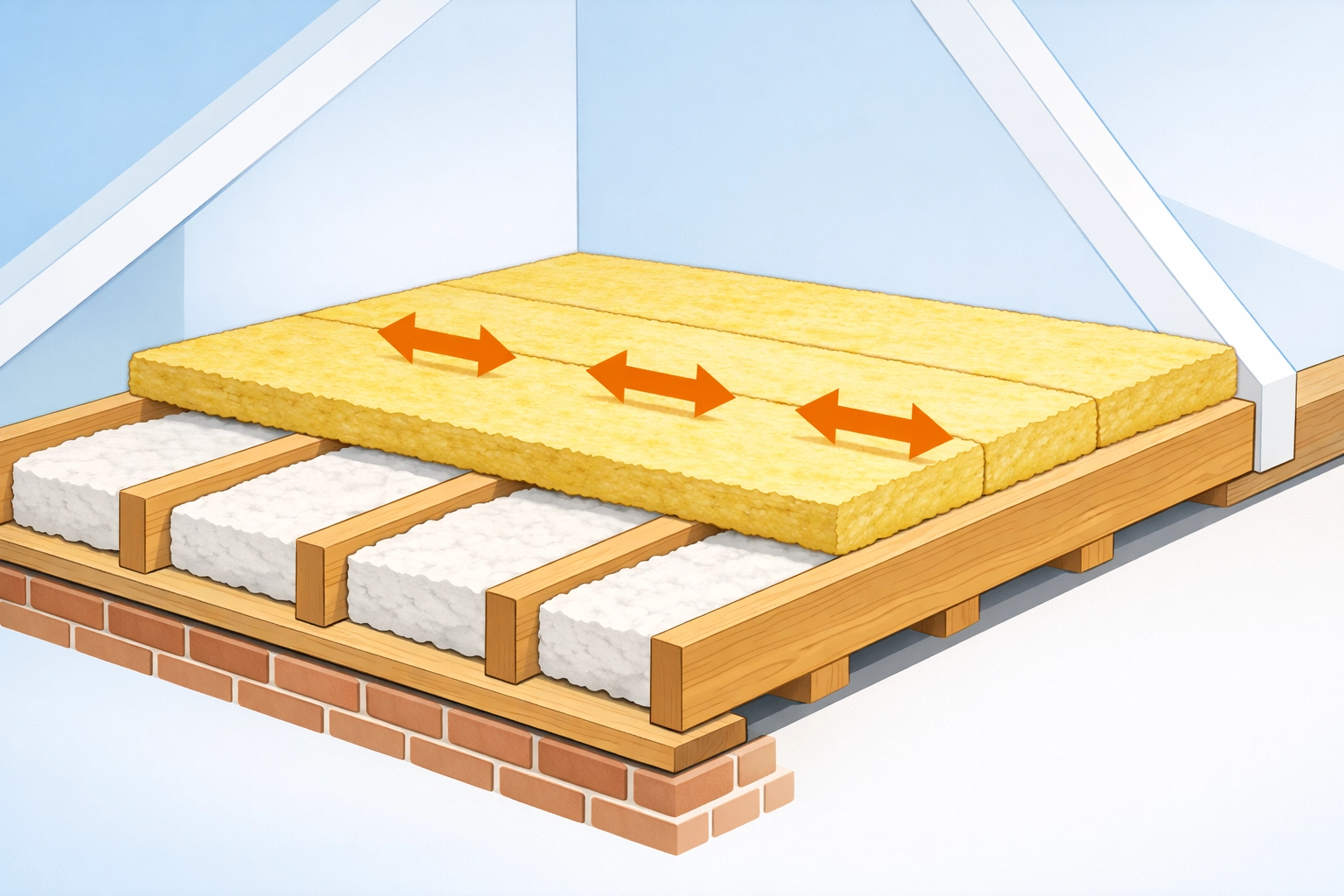 Cross-layered 270mm loft insulation installation between and over timber joists.