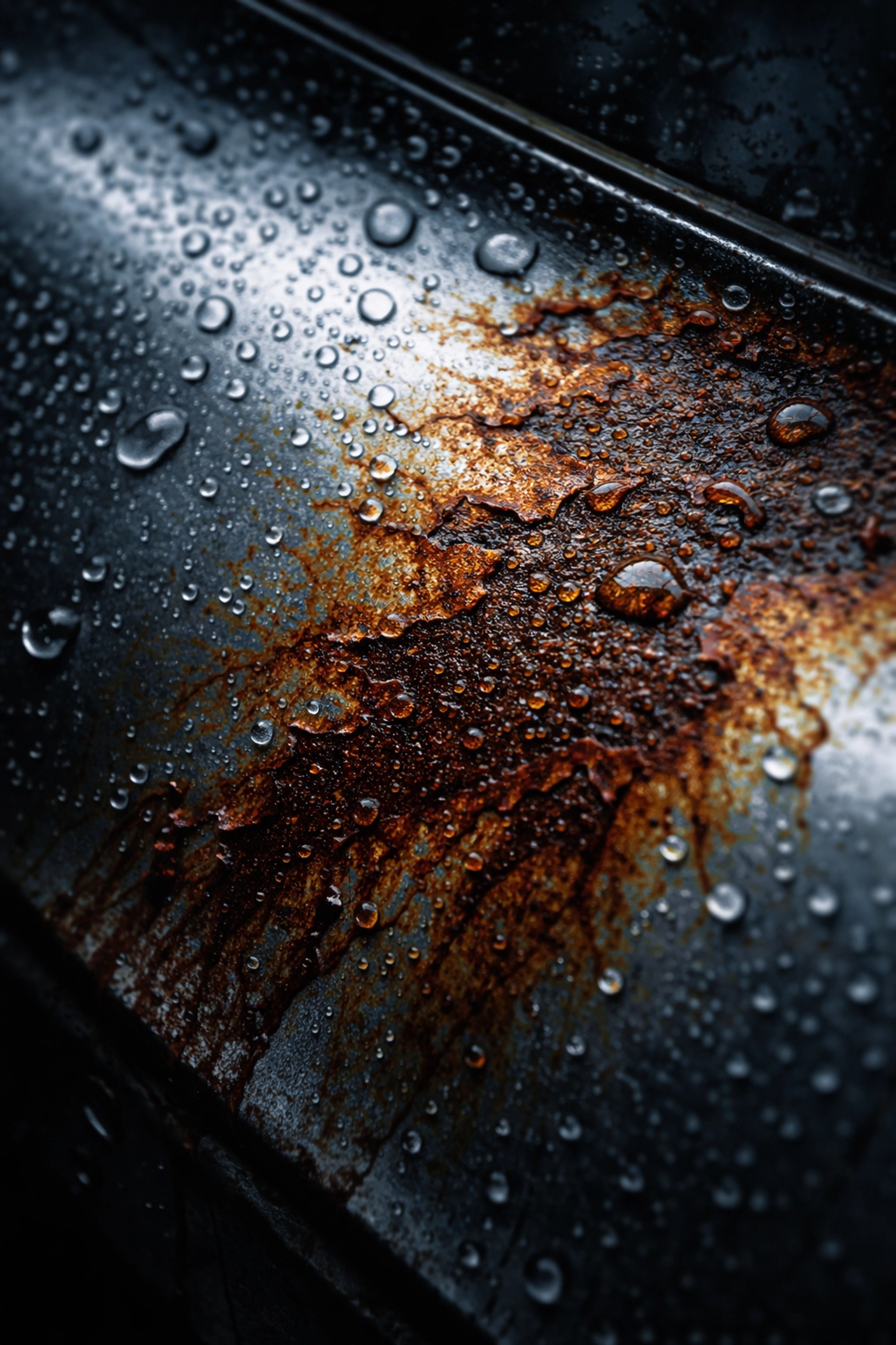 Close-up of car metal with visible rust and water droplets showing early stages of corrosion damage