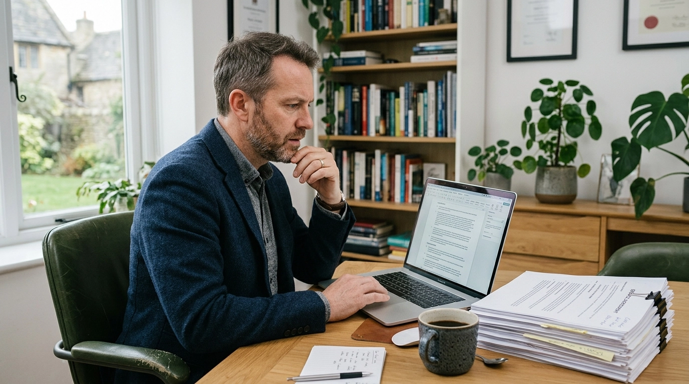 Small business owner looking concerned at laptop with legal papers