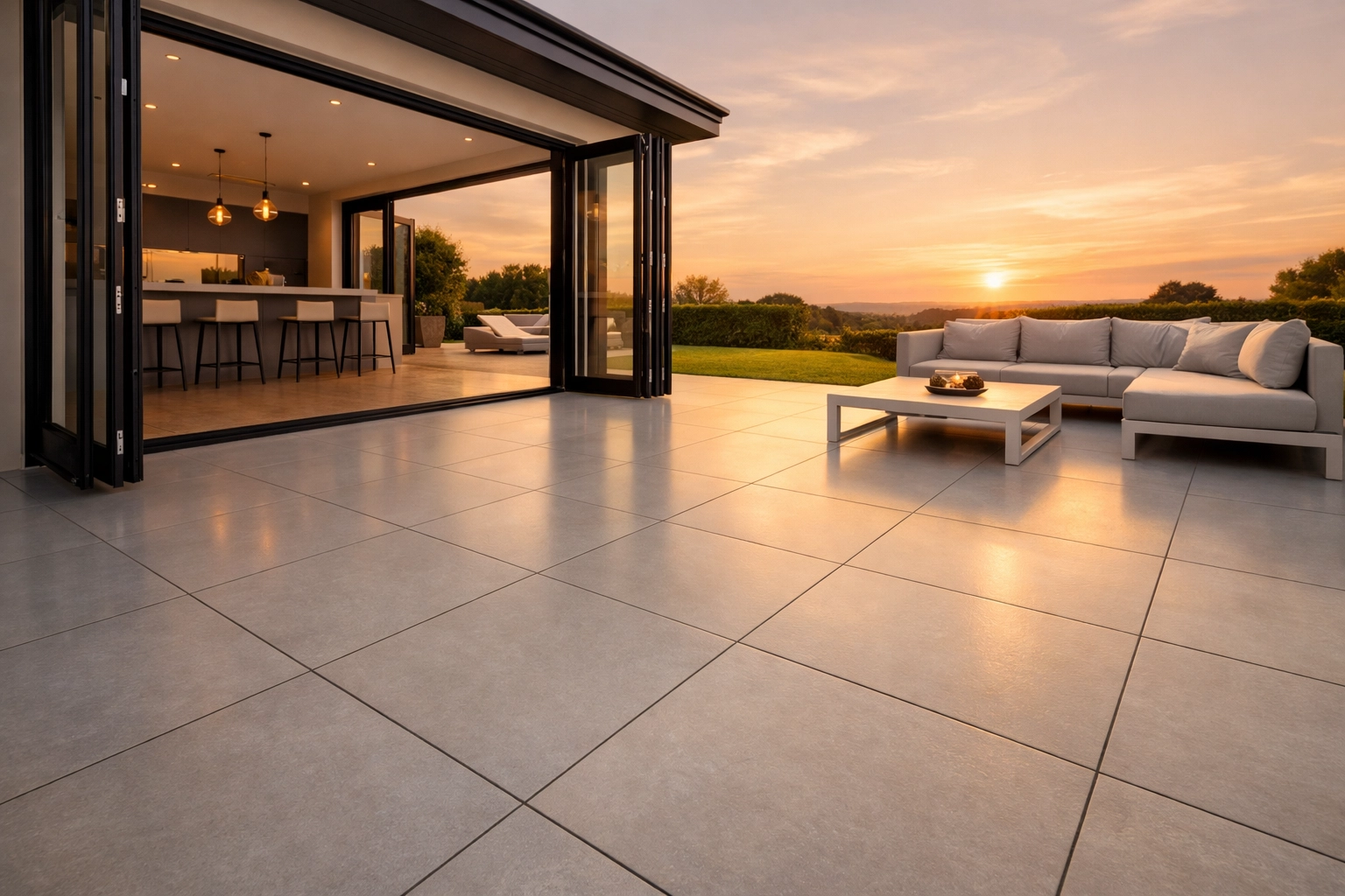 Modern grey porcelain patio tiles installed in a contemporary South Wales home with bi-fold doors.