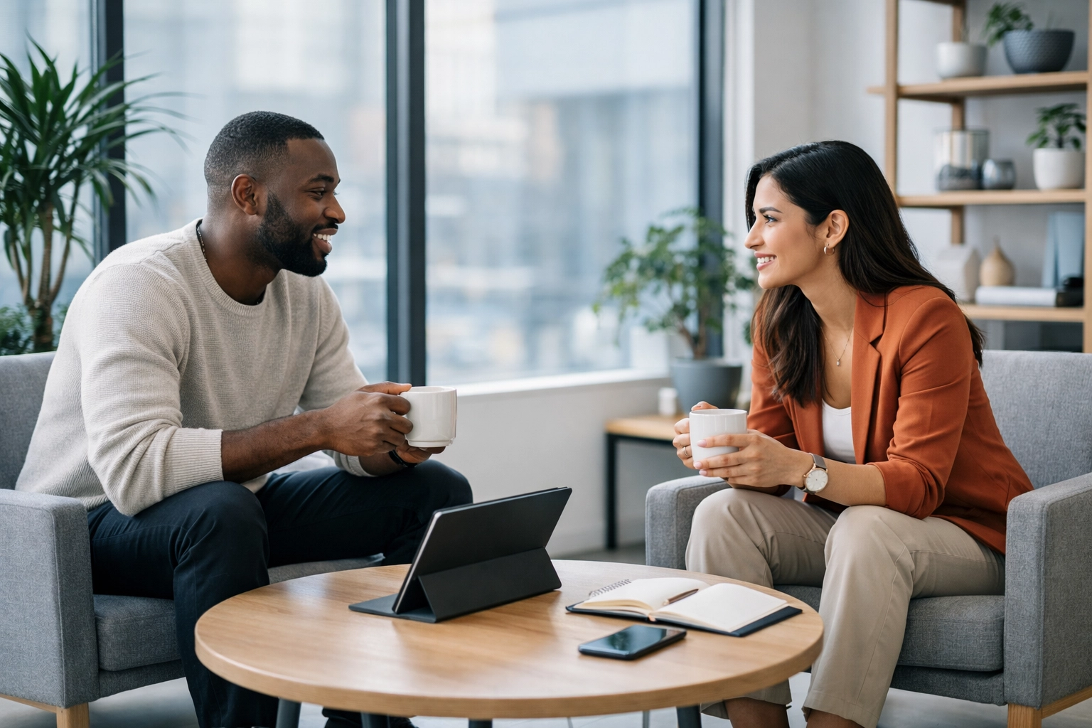 Christian coaching session between Black and Hispanic professionals discussing purpose and alignment