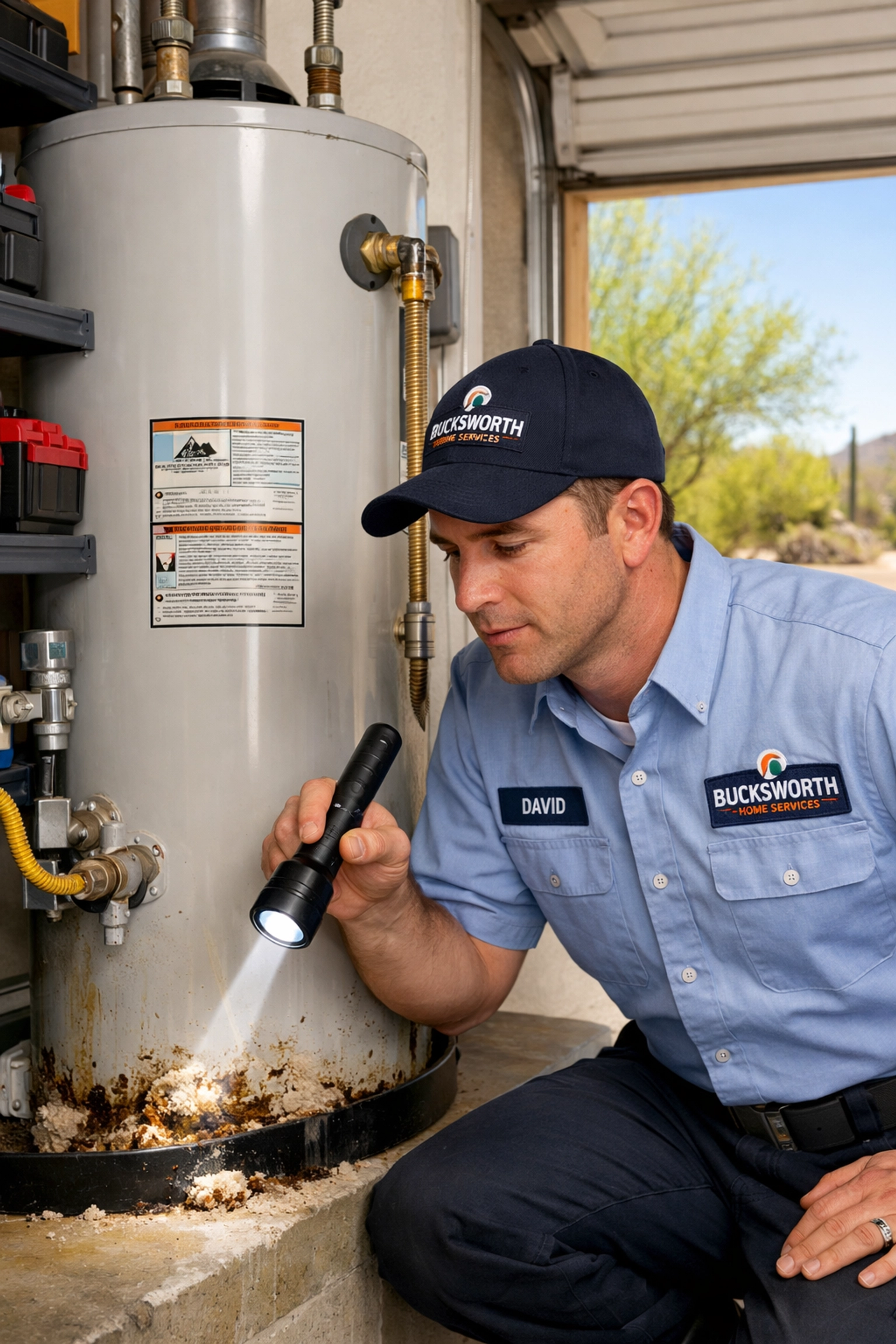 Bucksworth plumber inspecting a Tucson water heater for hard water sediment and mineral buildup in a home garage.