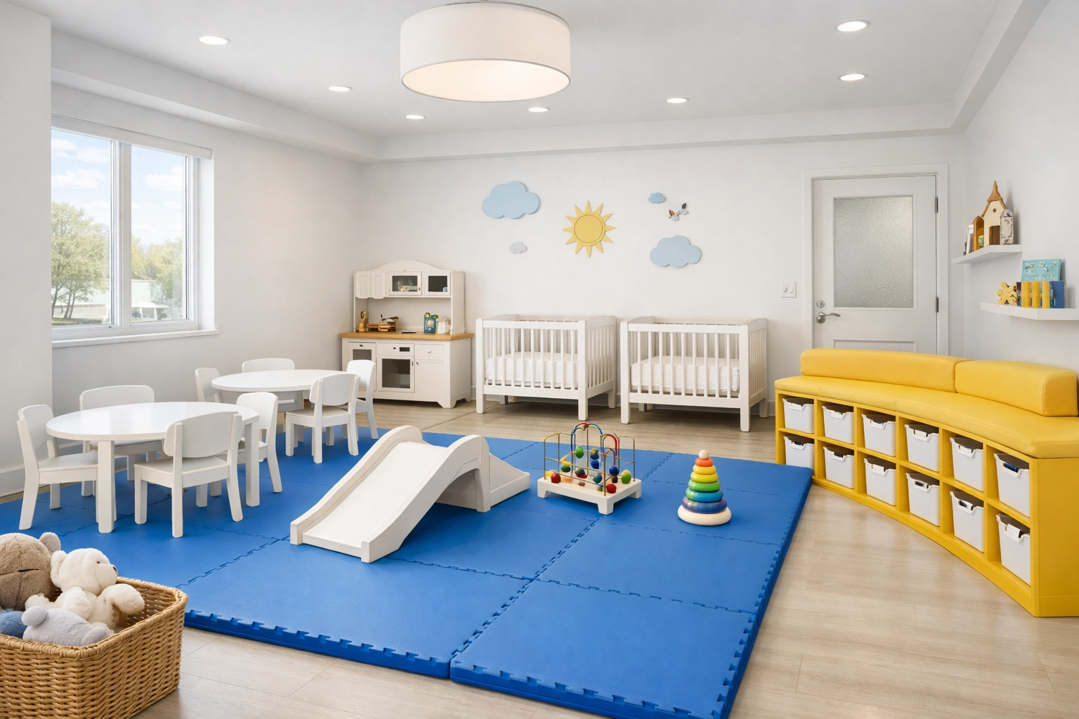 A bright and sanitized church nursery room with clean play mats and organized childcare surfaces.